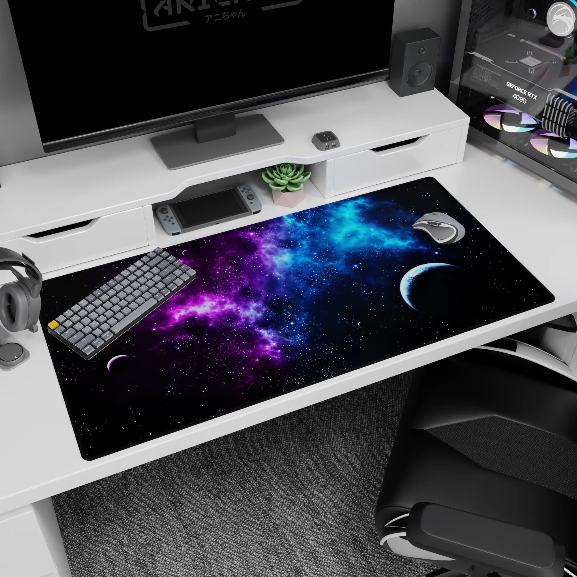Galaxy themed desk pad 40x20 inches featuring deep violet and blue nebula design with stars and planet.