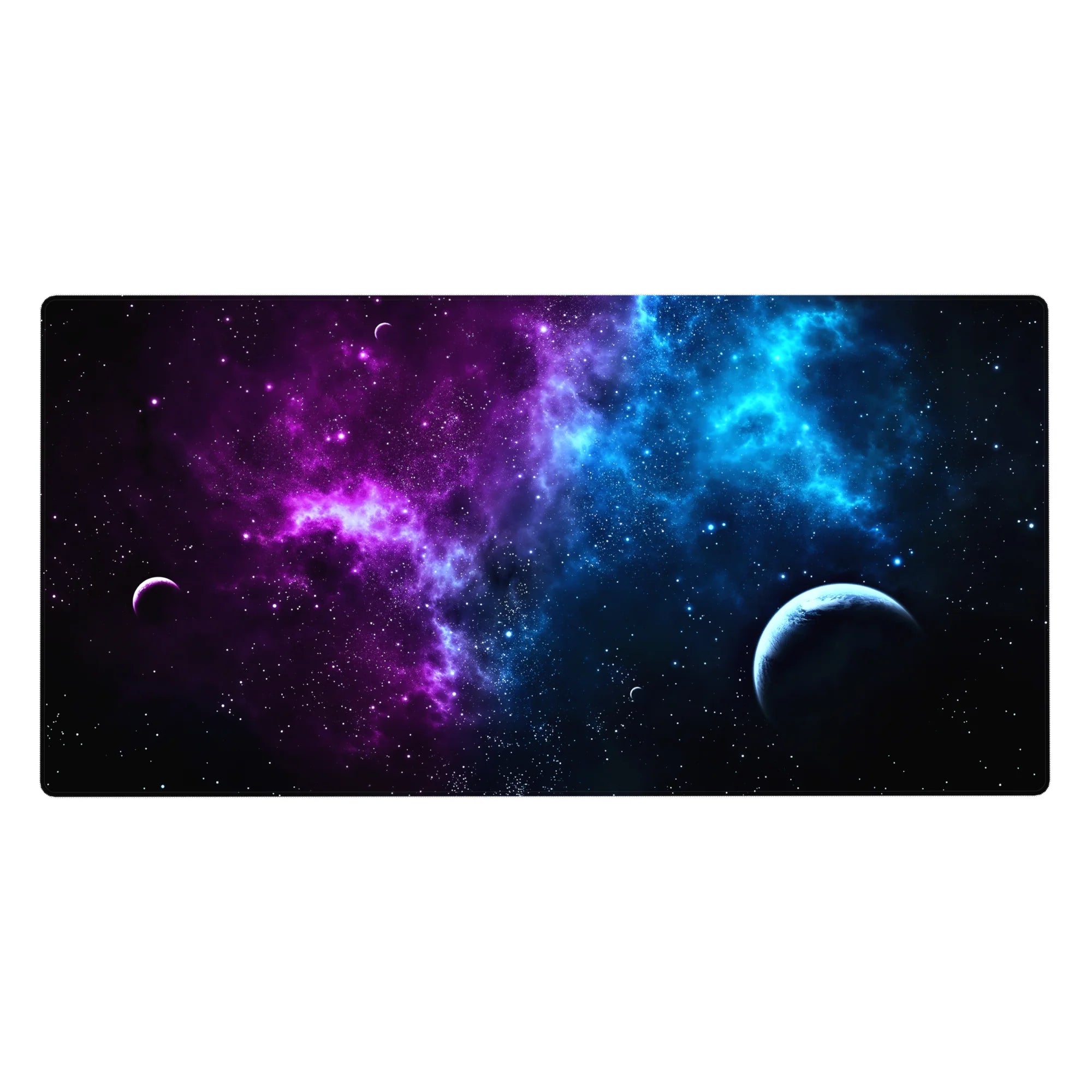 Galaxy print desk pad 40x20 inches with deep violet and electric blue clouds, stars, and a small planet design.