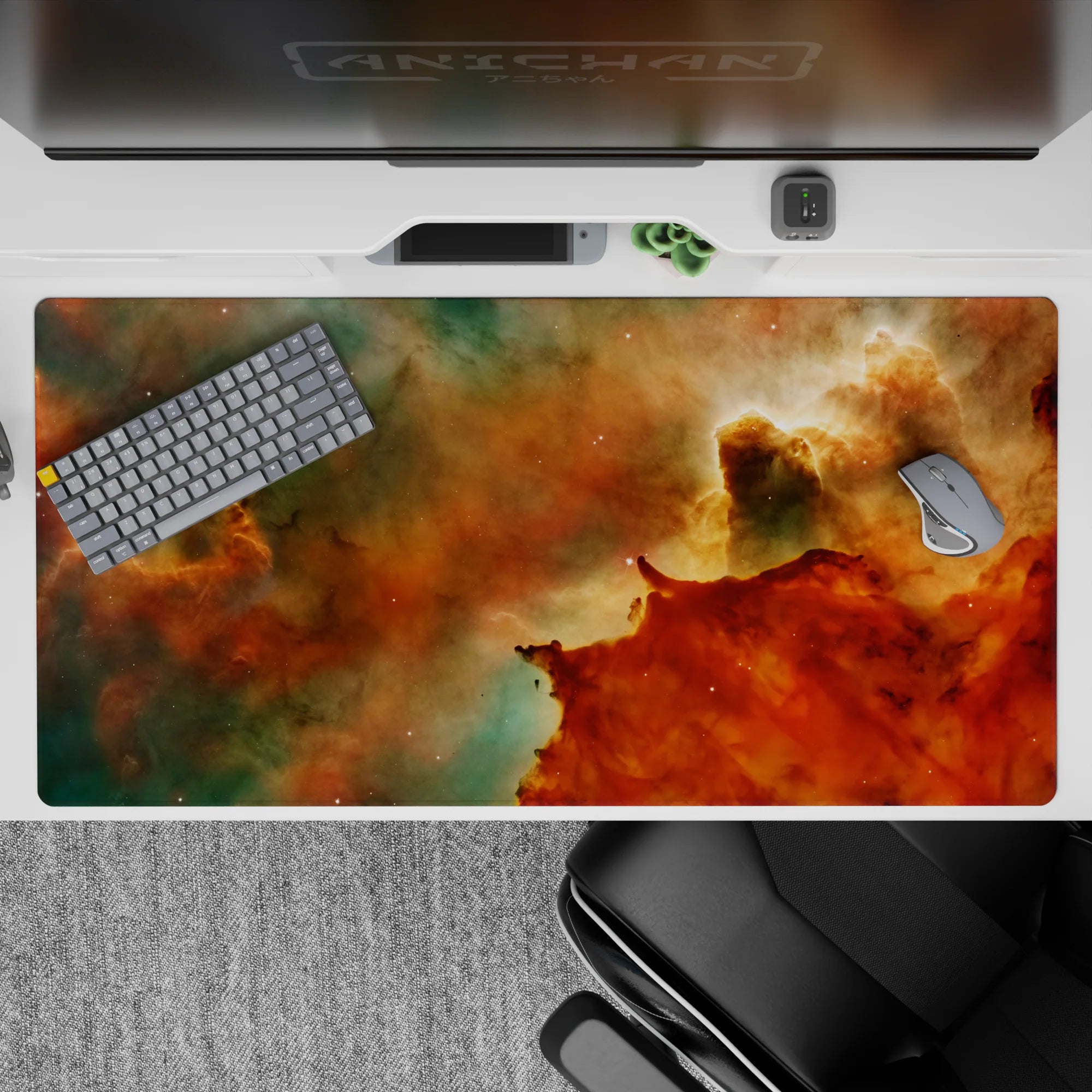 Cosmic teal and amber desk pad with smoky gradient and star details, 40x20 inches, perfect for cozy work setups.