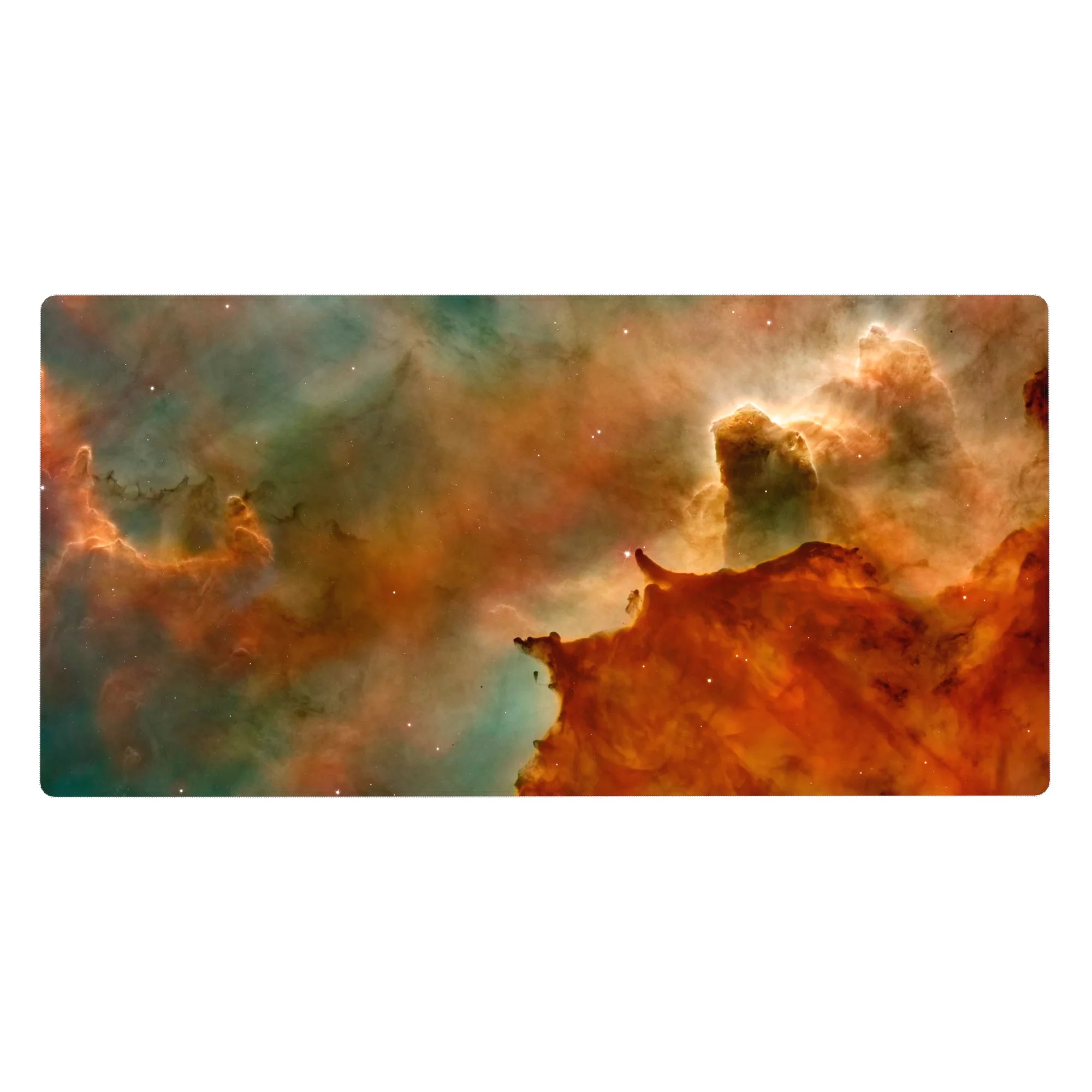 Cosmic desk pad with teal, amber, and orange nebula design, 40x20 inches, perfect for stylish work setups.