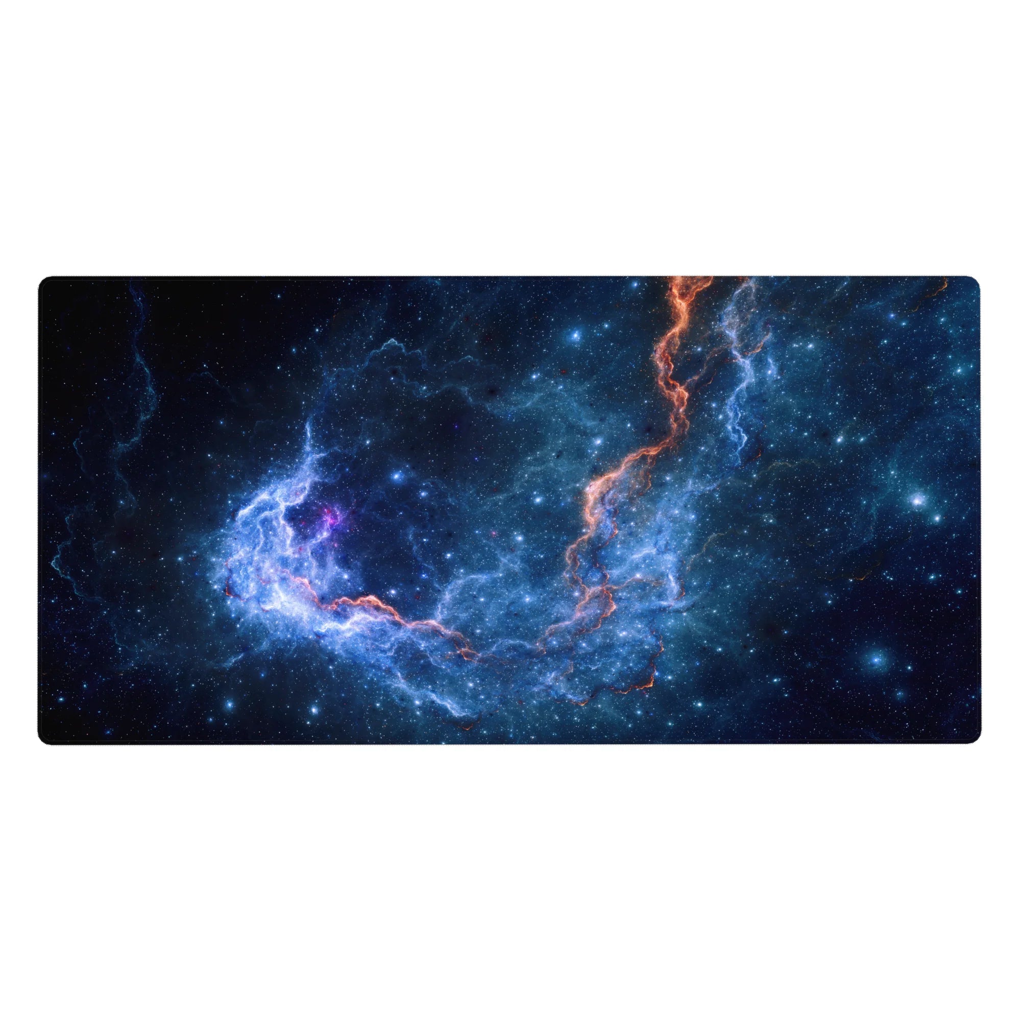 Galaxy-themed desk pad 40x20 inches with deep midnight space design, glowing orange seam, and star details.