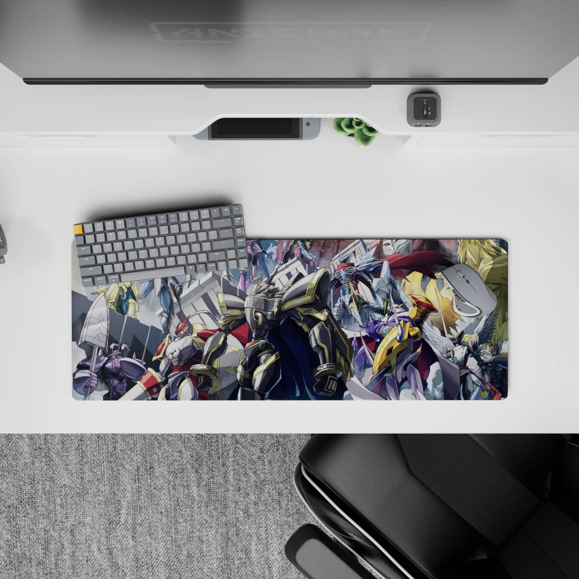 32x12 inches anime mouse pad in gold, black, white and royal purple with dramatic, high-contrast action.