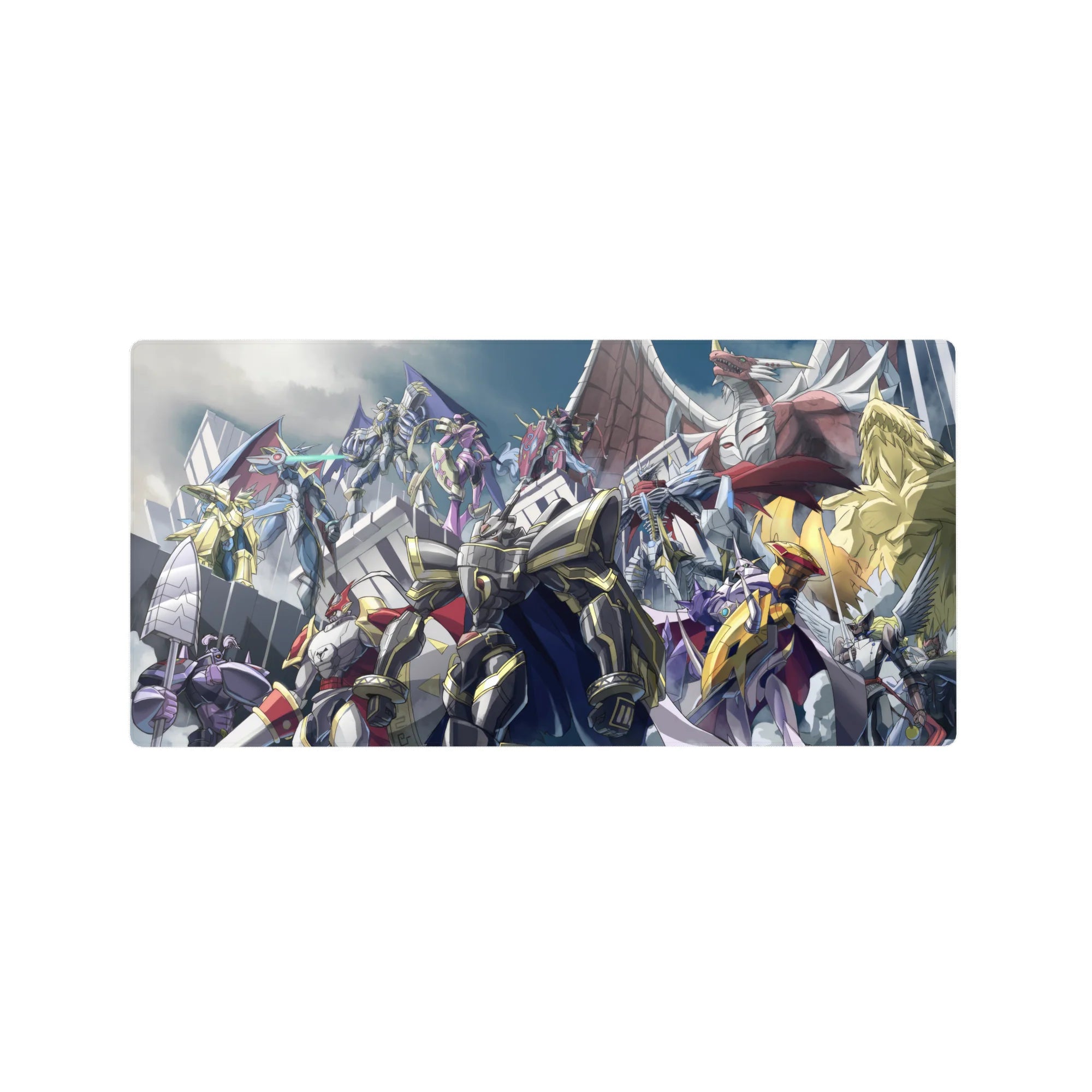 32x16 inches anime mouse pad featuring armored mecha and dragon-like beasts in a dramatic battlefield scene.