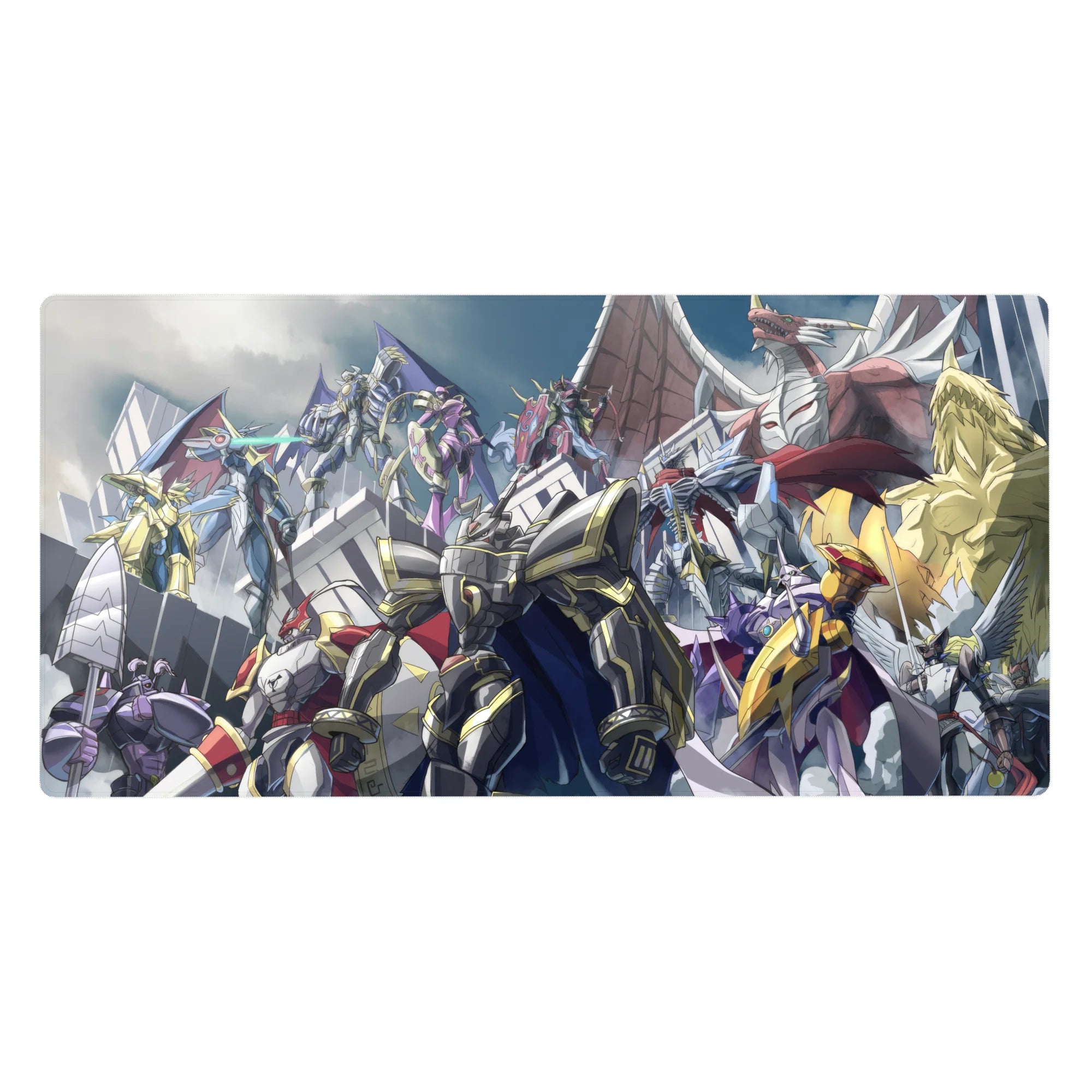 40x20 inches anime desk pad with armored mecha and dragon beasts battling under a stormy sky.