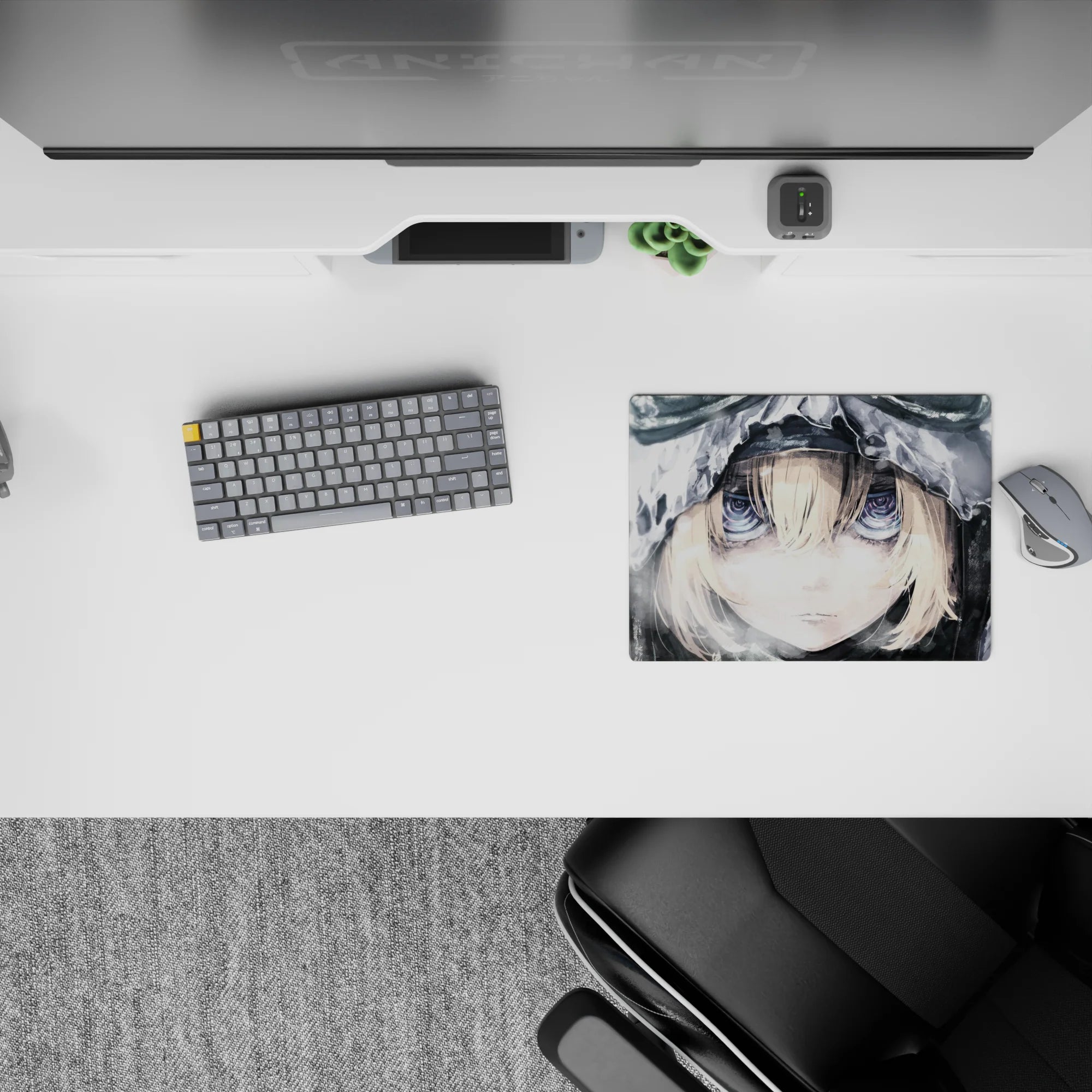 Cool monochrome anime girl mouse pad 14x10 inches in soft grays with snowy flecks and calm brave mood.