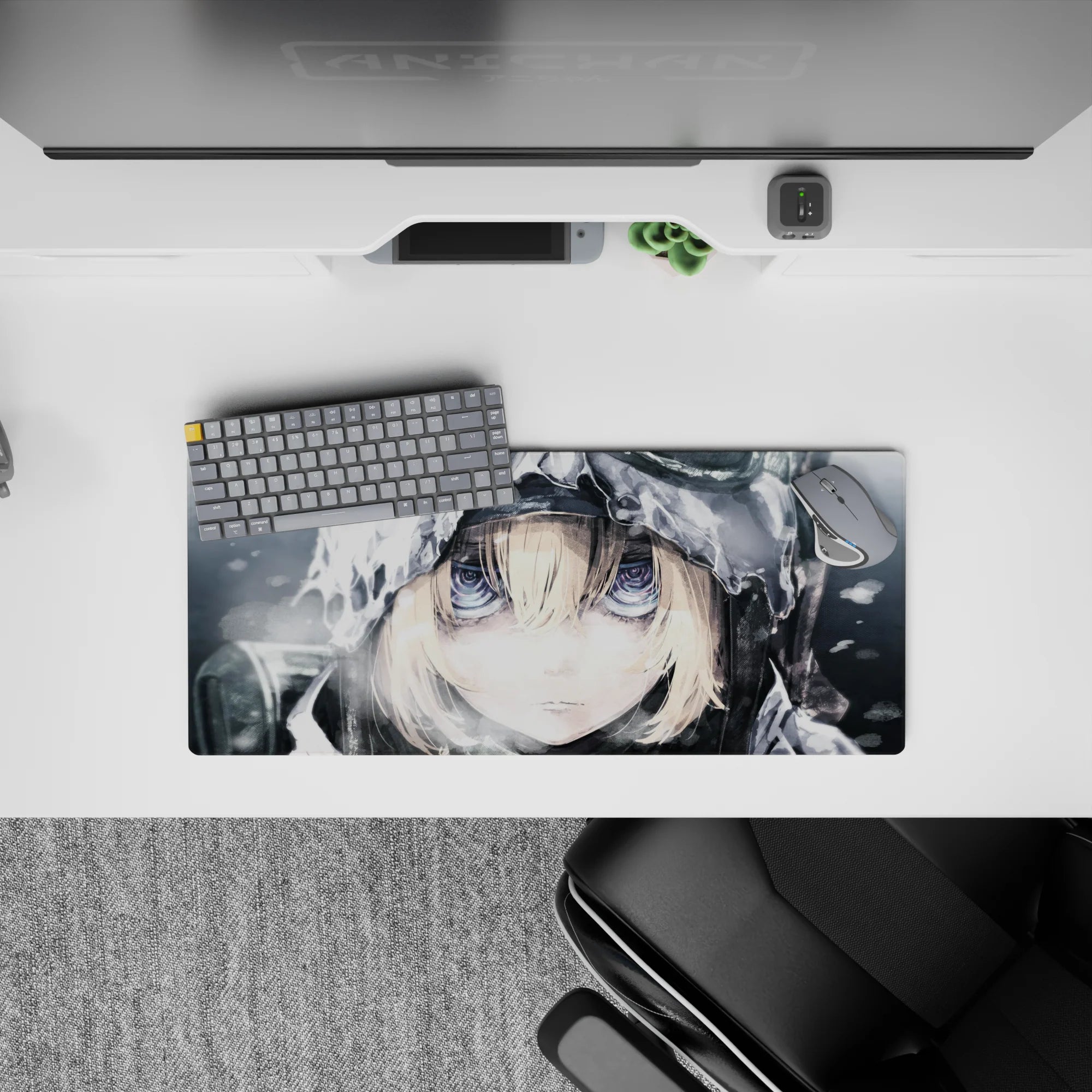 28x12 inches monochrome cool-toned anime mouse pad in soft grays with icy highlights and calm brave mood.
