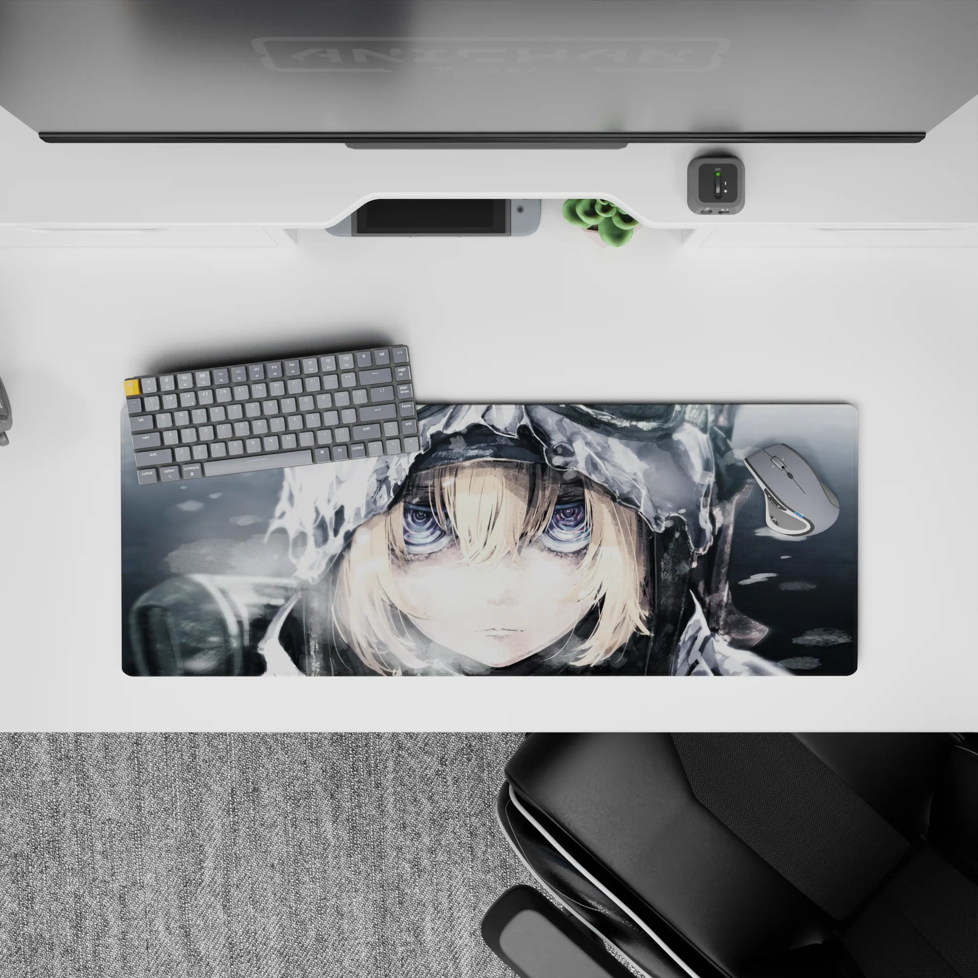 Cool monochrome anime girl mouse pad 32x12 inches in icy grays with violet-blue eyes and calm brave vibe.