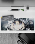 Cool monochrome anime girl mouse pad 32x12 inches in icy grays with violet-blue eyes and calm brave vibe.