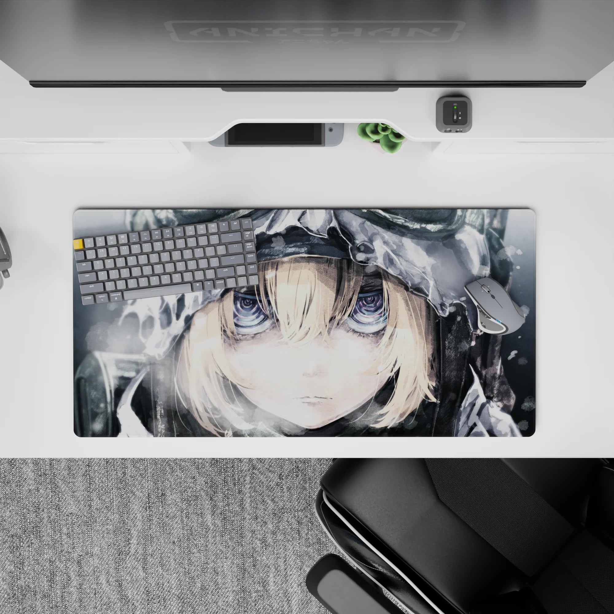 32x16 inches anime girl mouse pad in cool monochrome grays with pale blonde bangs and icy calm vibe.