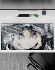 32x16 inches anime girl mouse pad in cool monochrome grays with pale blonde bangs and icy calm vibe.