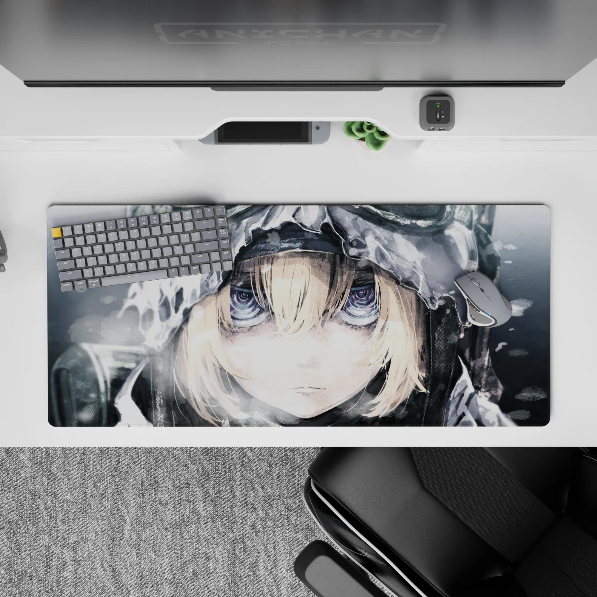 Cool monochrome anime desk pad 36x16 inches in soft grays with icy highlights, calm brave winter vibe.