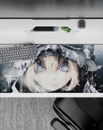 Cool monochrome anime desk pad 36x16 inches in soft grays with icy highlights, calm brave winter vibe.