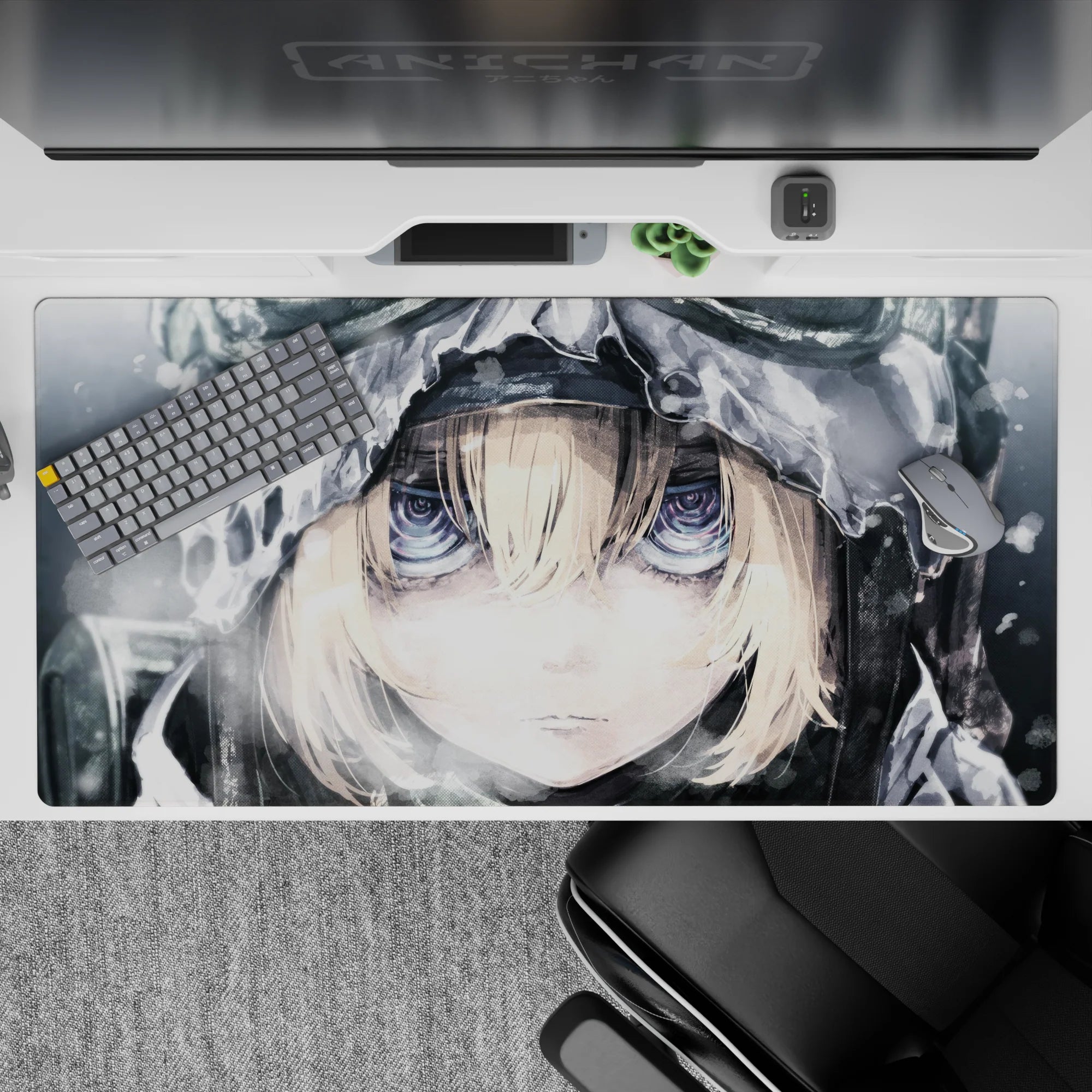 Cool monochrome anime desk pad 40x20 inches in frosty grays with crisp highlights and calm brave vibe.