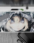 Cool monochrome anime desk pad 40x20 inches in frosty grays with crisp highlights and calm brave vibe.