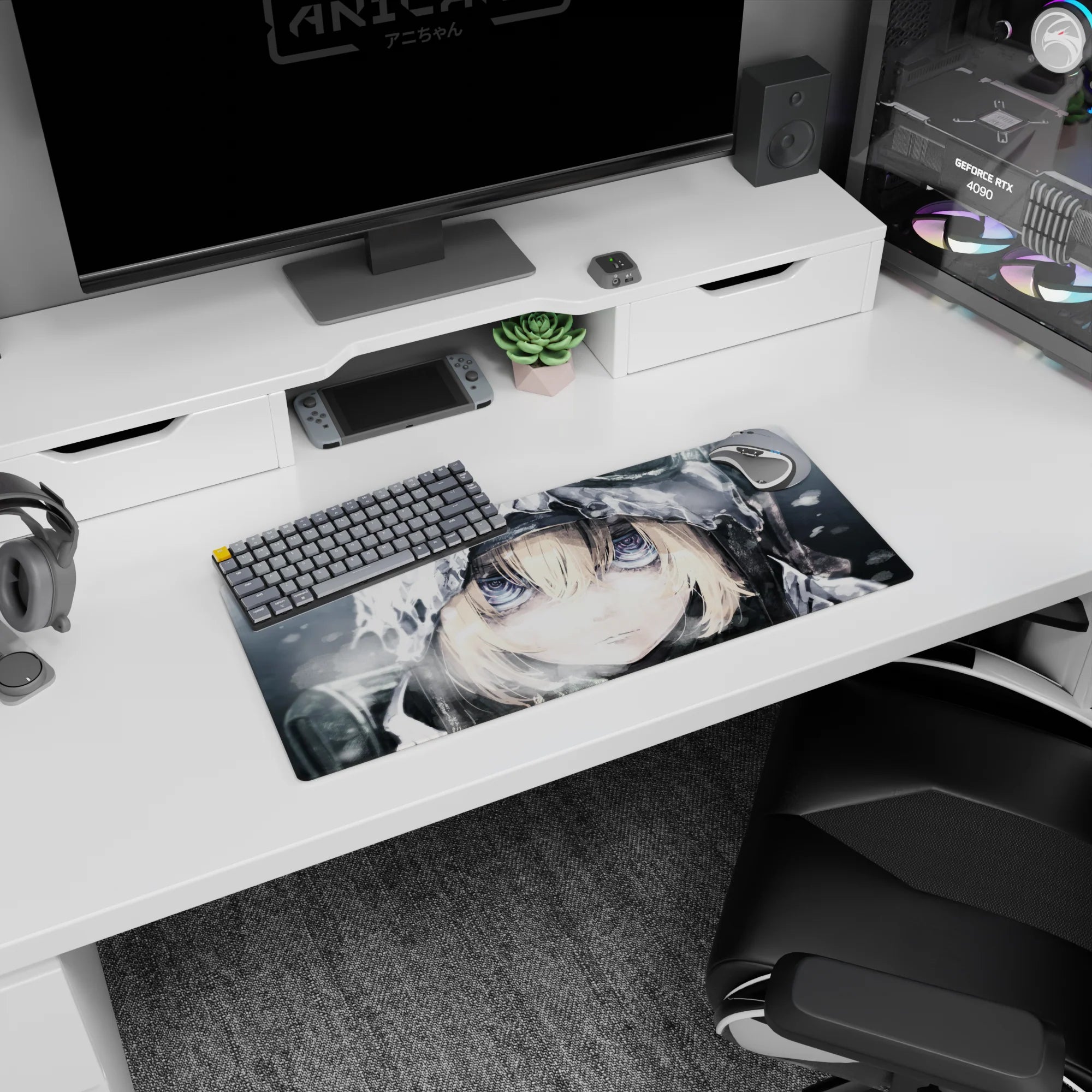 28x12 inches anime girl desk mat close-up with pale blonde bangs, frosty hood pulled tight, snow flecks.