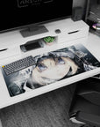 Close-up anime girl desk pad 36x16 inches, pale blonde bangs under tight hood as snow flecks drift past.