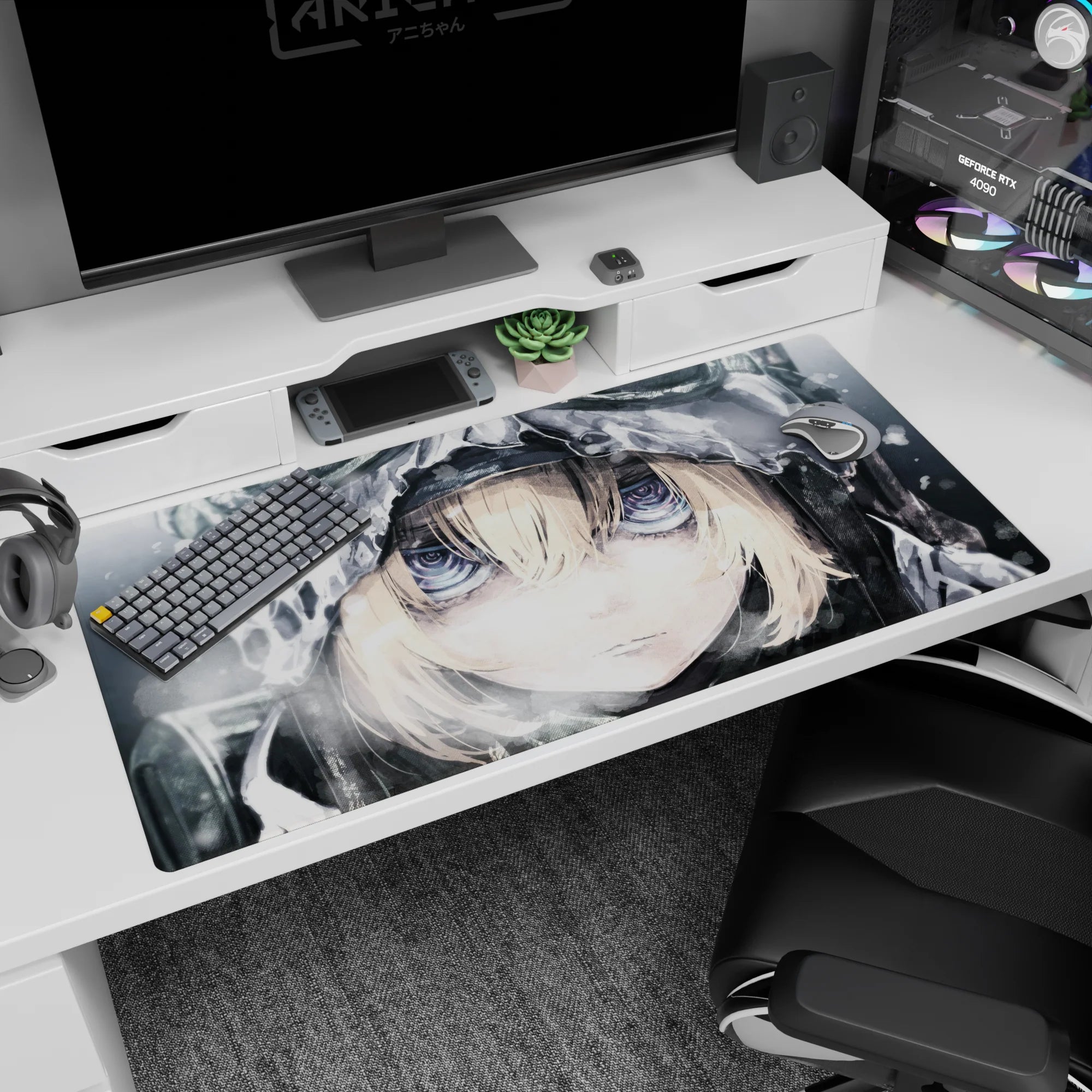 Close-up hooded anime girl in falling snow desk pad 40x20 inches, steady stare and painterly texture.
