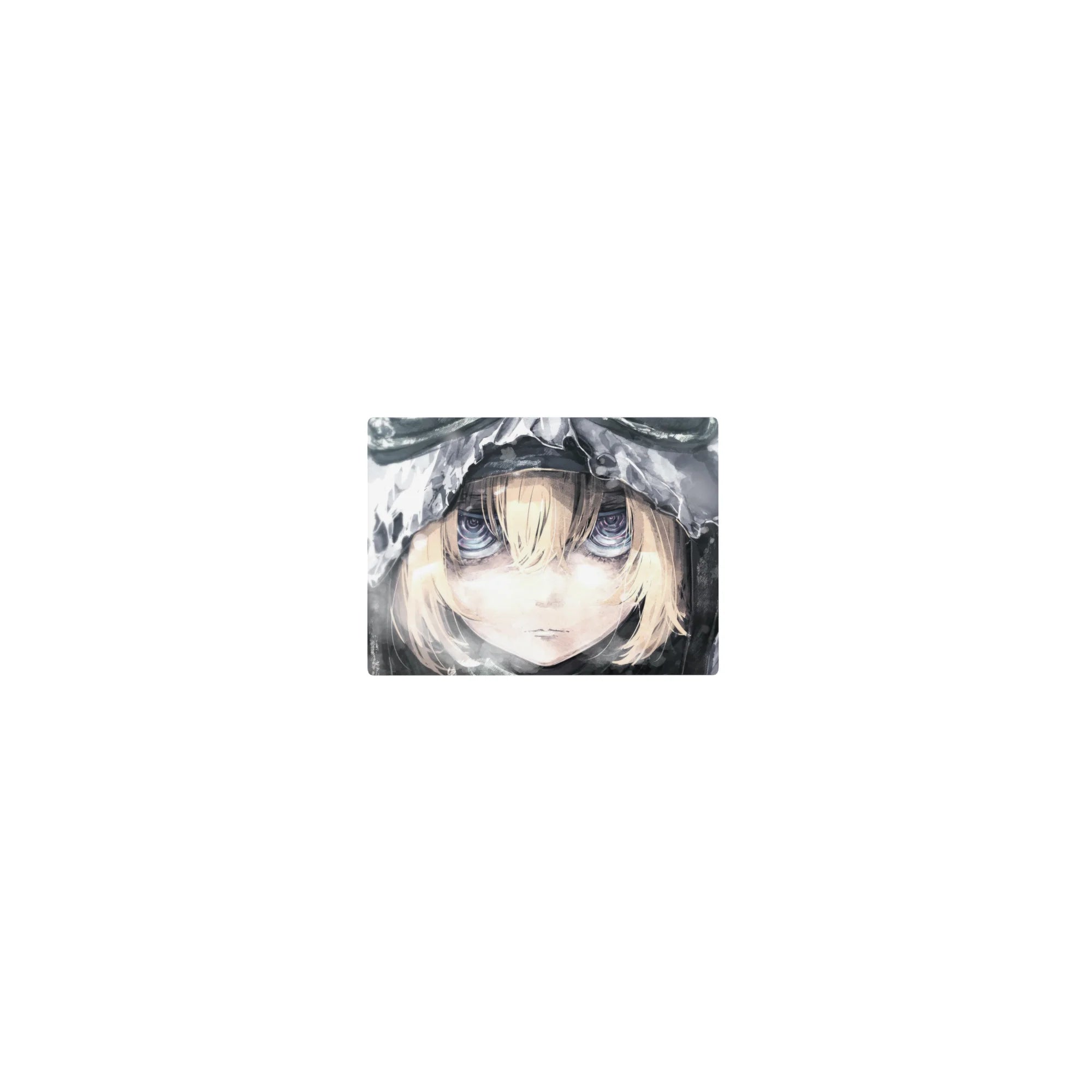 Classic anime girl mouse pad 14x10 inches with winter hood, pale blonde bangs, and glossy violet-blue eyes.