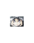 Classic anime girl mouse pad 14x10 inches with winter hood, pale blonde bangs, and glossy violet-blue eyes.