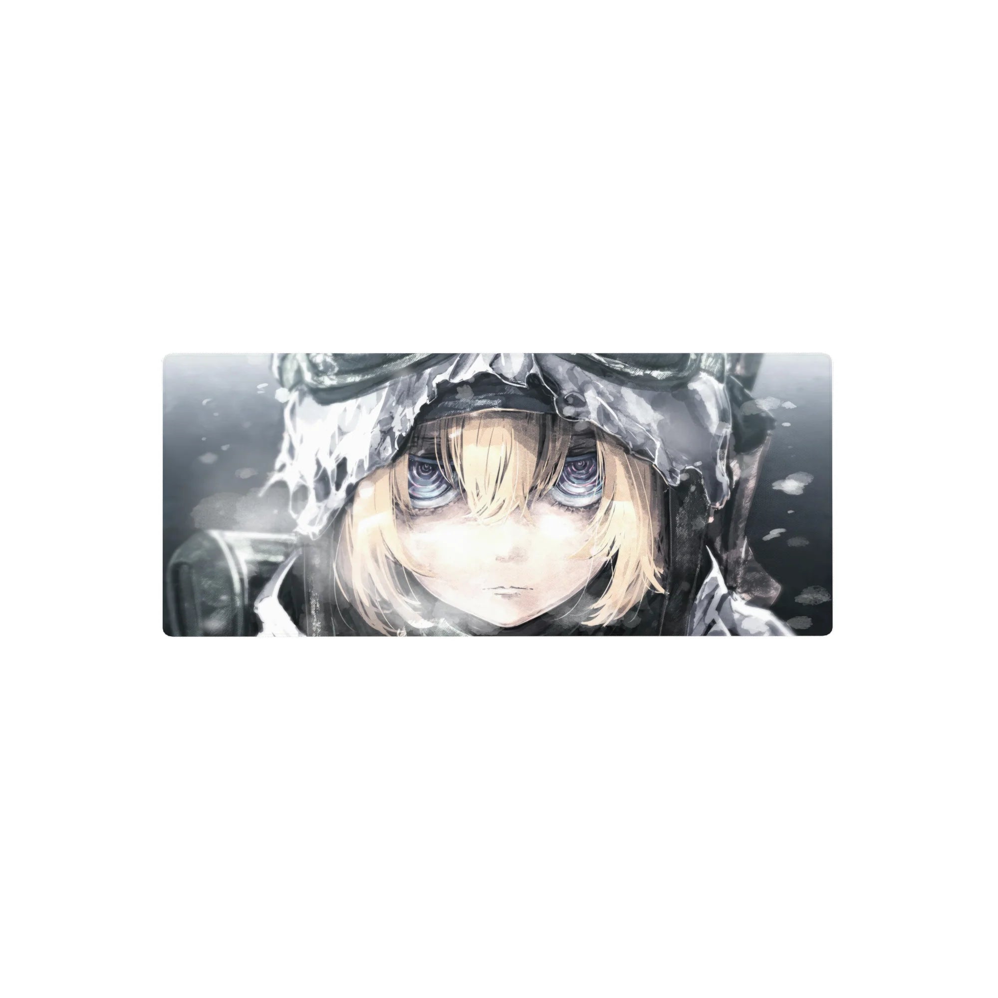 28x12 inches anime girl mouse pad with winter hooded portrait, glossy violet-blue eyes, drifting snow.