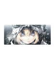 28x12 inches anime girl mouse pad with winter hooded portrait, glossy violet-blue eyes, drifting snow.