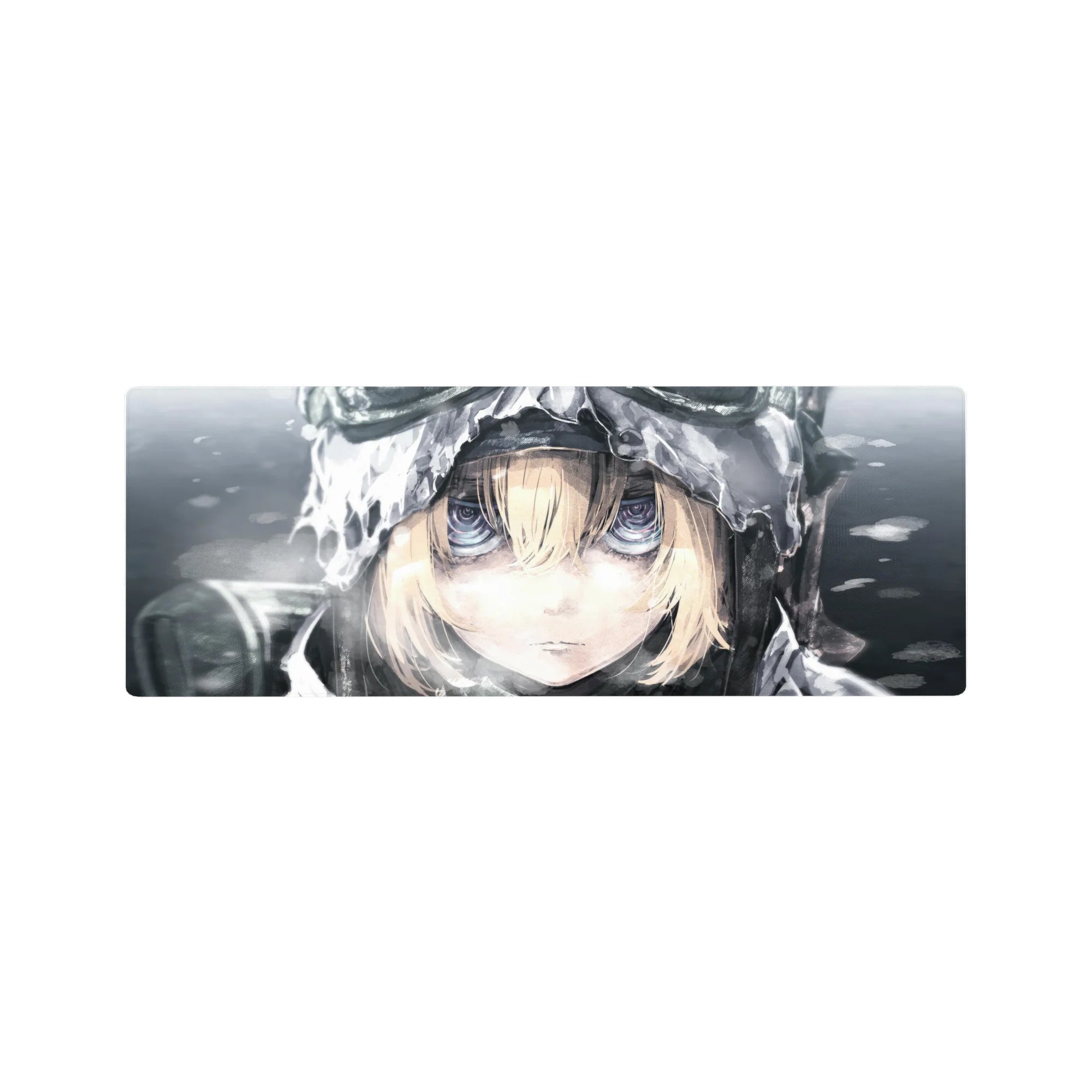 Anime girl mouse pad 32x12 inches featuring a winter hooded portrait with snow flecks and painterly detail.