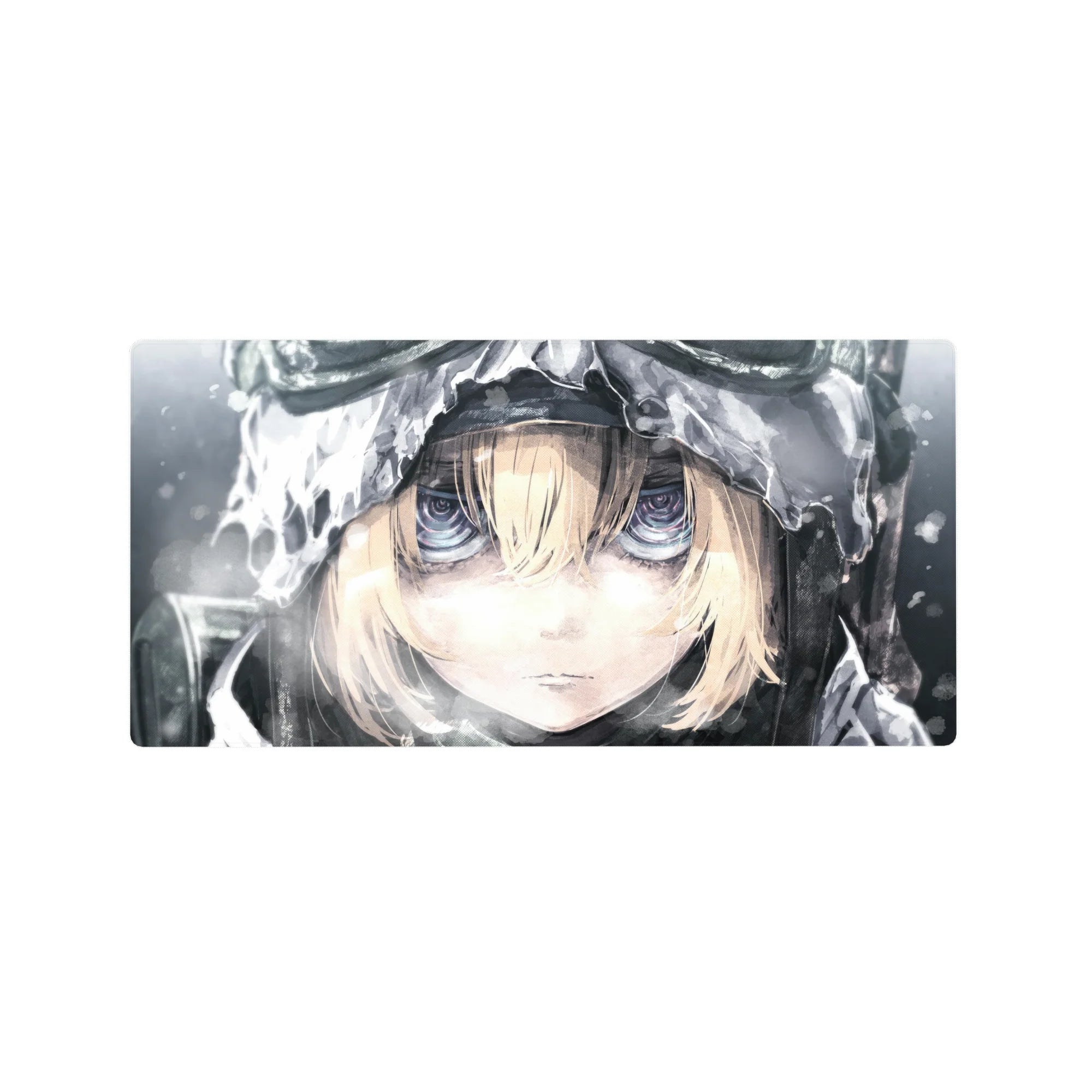 32x16 inches anime girl mouse pad with winter hood close-up, glossy violet-blue eyes, snowy texture art.