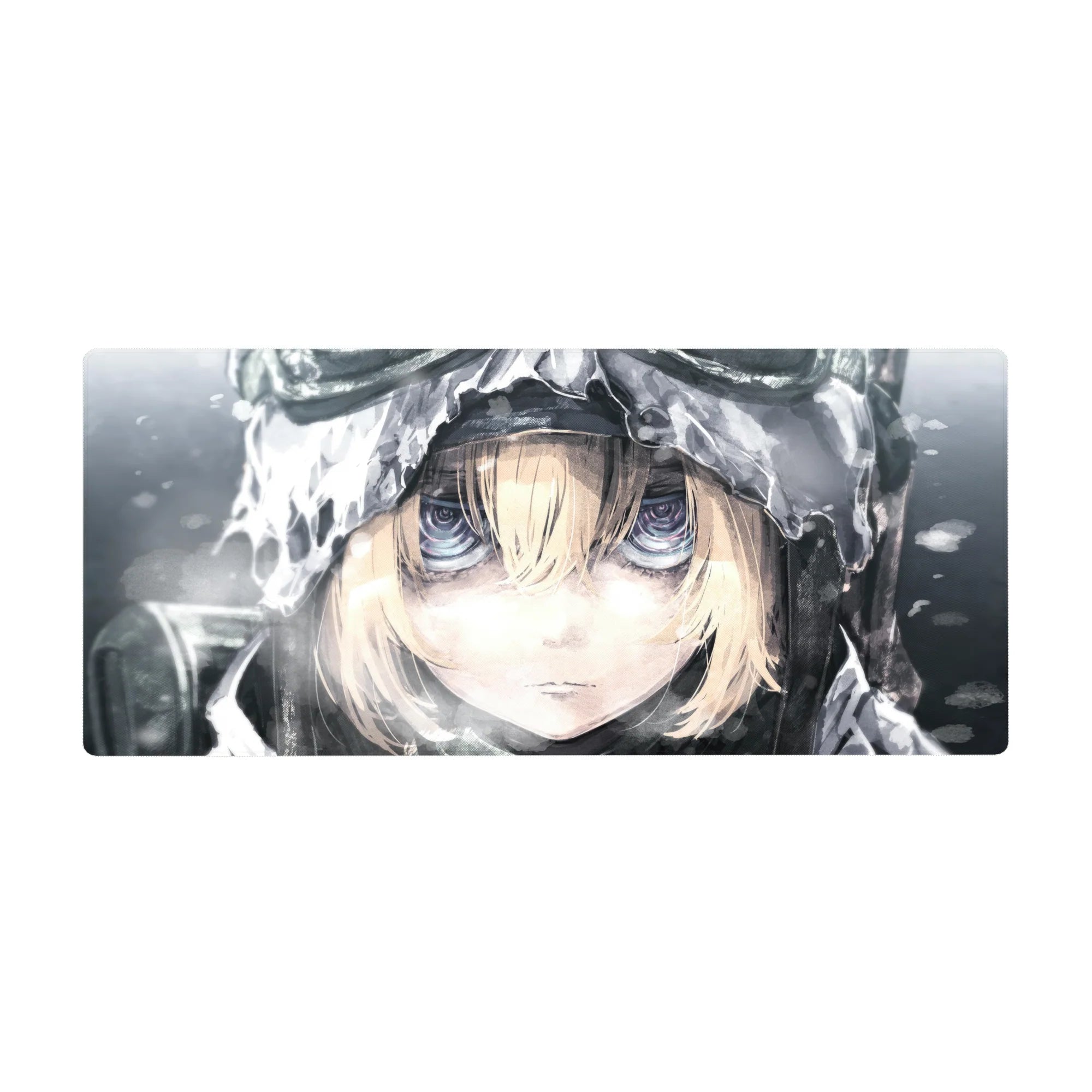 Anime girl desk pad 36x16 inches with close-up winter portrait, frosty hood, and glossy violet-blue eyes.