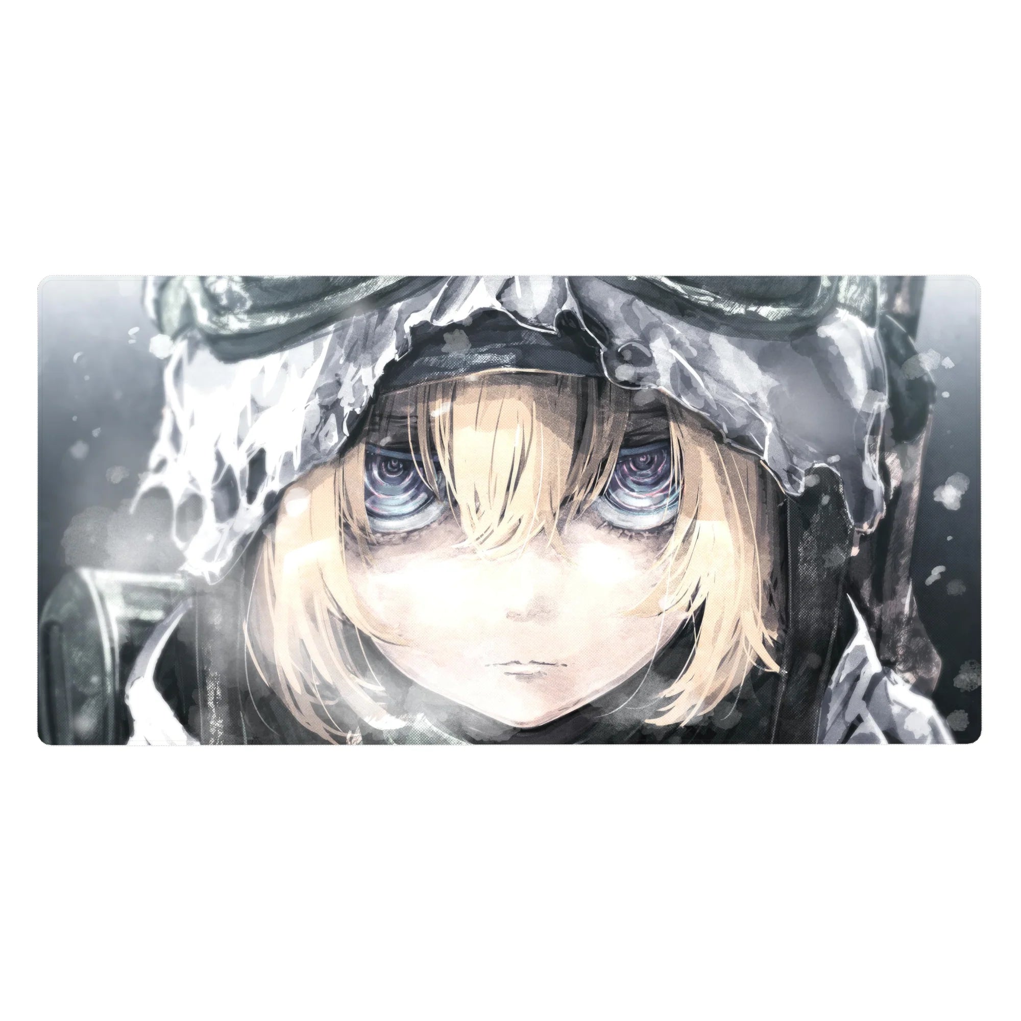 Anime girl desk pad 40x20 inches with winter hooded portrait, pale blonde bangs, glossy violet-blue eyes.