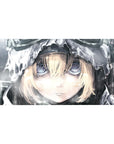 Anime girl desk pad 40x20 inches with winter hooded portrait, pale blonde bangs, glossy violet-blue eyes.