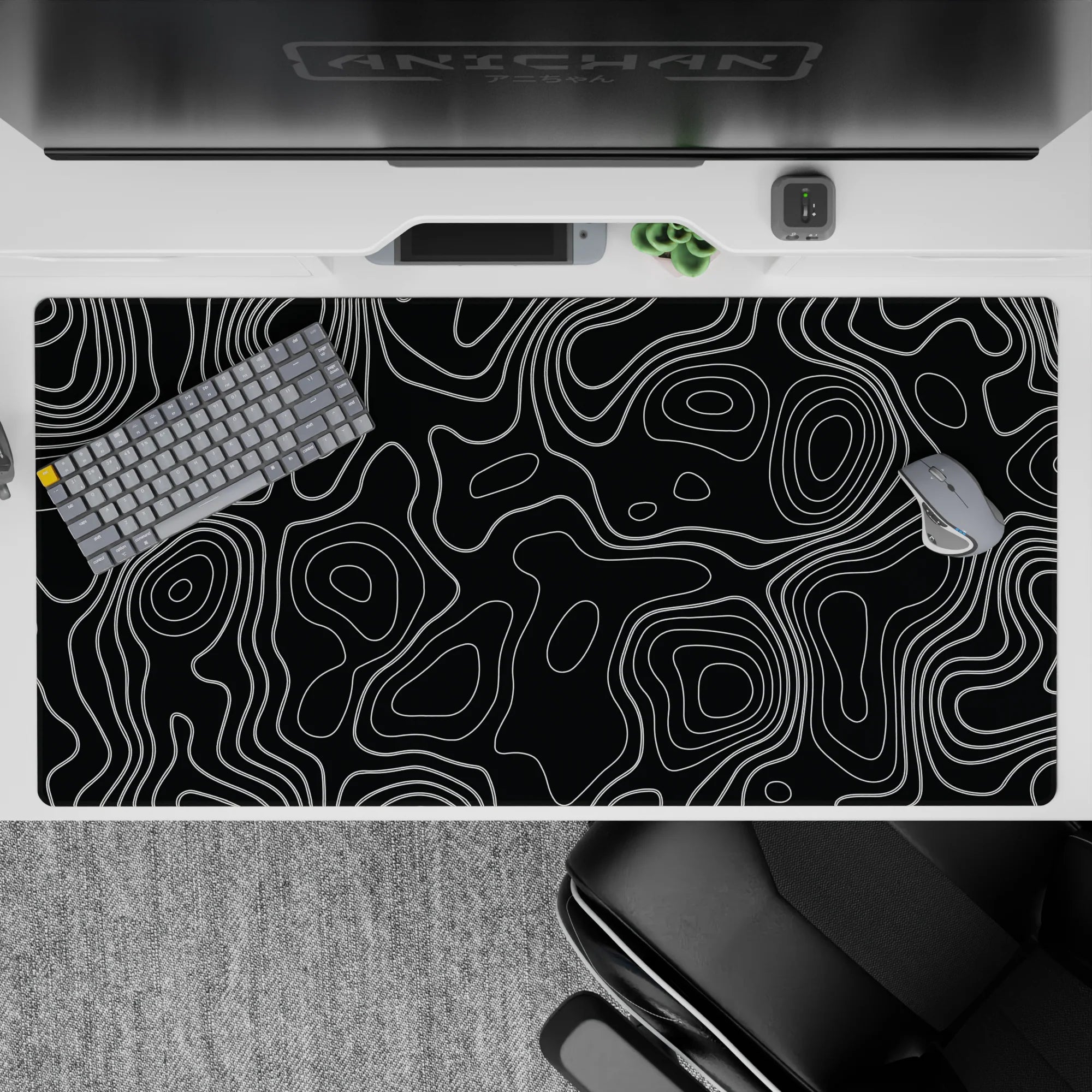 Topographic (Topo) Deskmat | Mousepad | Deskpad - Monochrome Contour Flow - AniChan