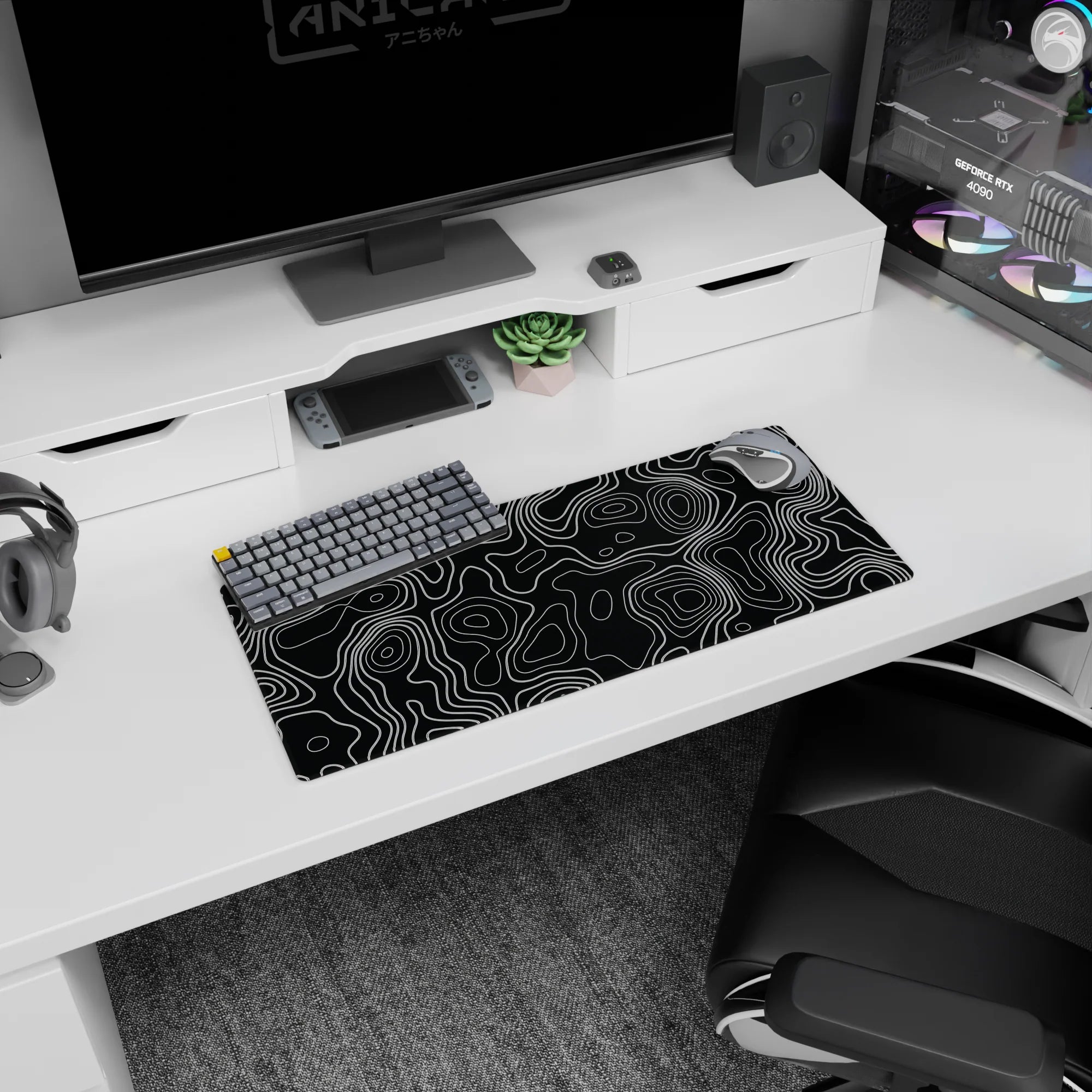 Topographic (Topo) Deskmat | Mousepad | Deskpad - Monochrome Contour Flow - AniChan