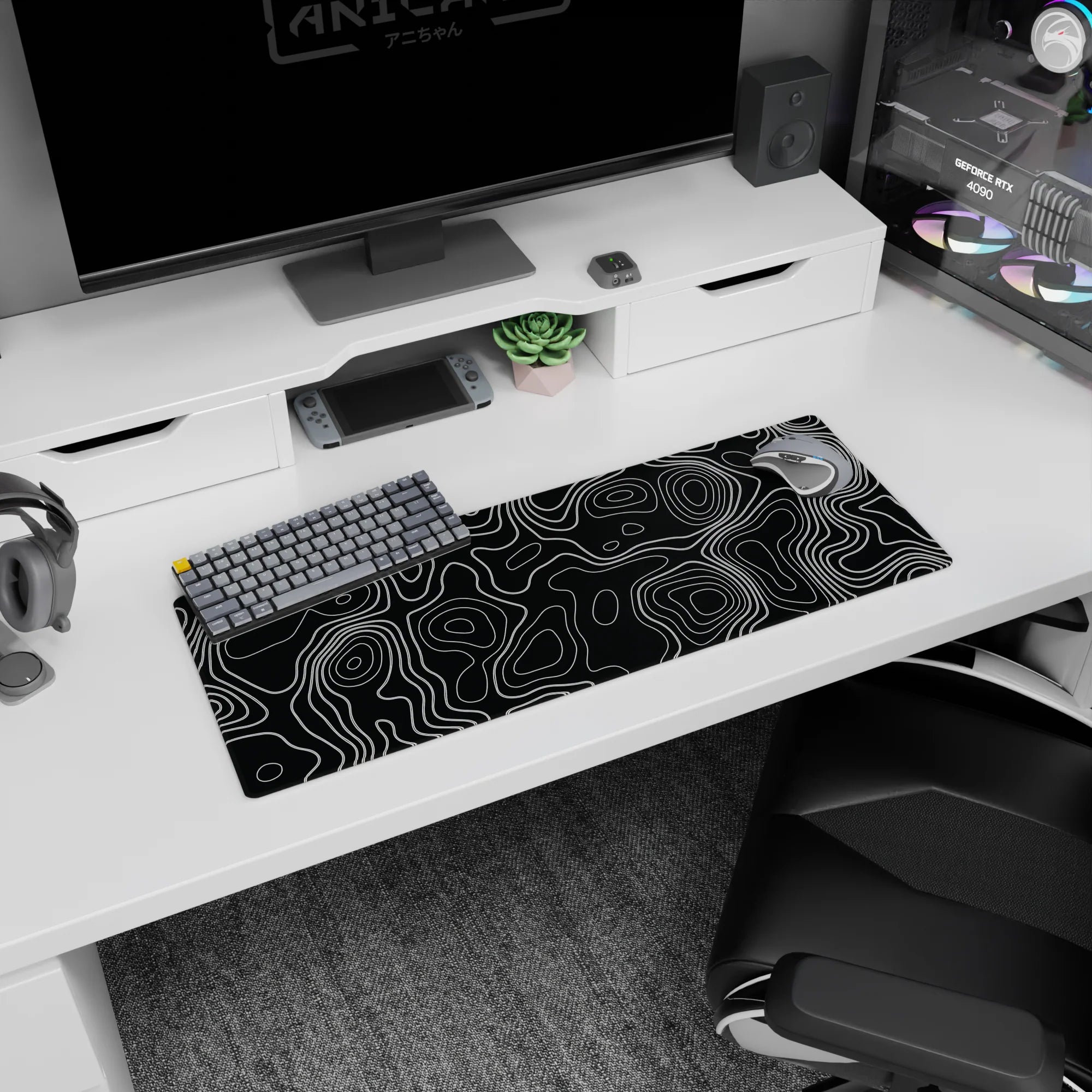 Topographic (Topo) Deskmat | Mousepad | Deskpad - Monochrome Contour Flow - AniChan