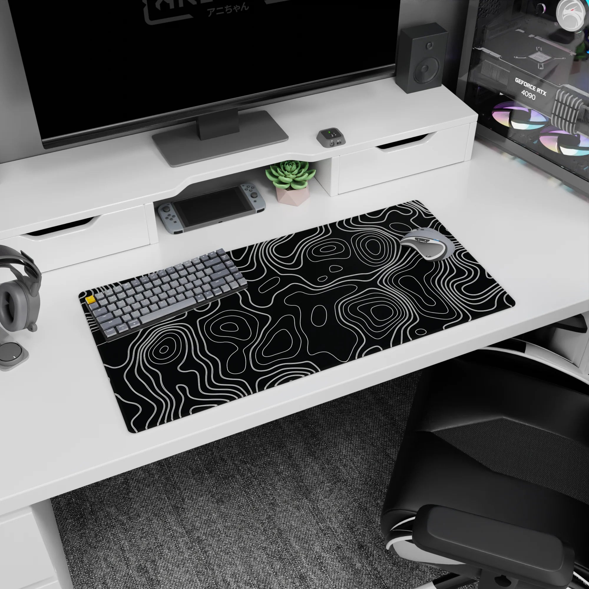 Topographic (Topo) Deskmat | Mousepad | Deskpad - Monochrome Contour Flow - AniChan