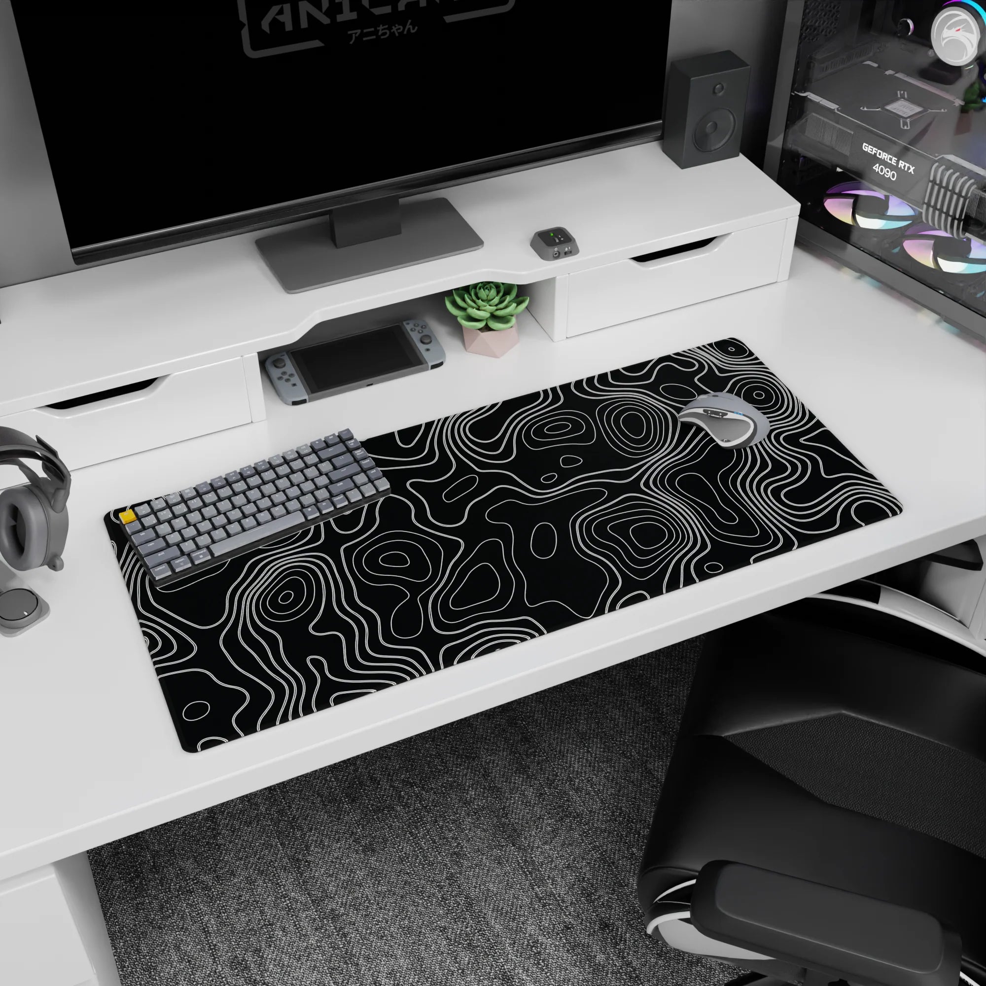 Topographic (Topo) Deskmat | Mousepad | Deskpad - Monochrome Contour Flow - AniChan