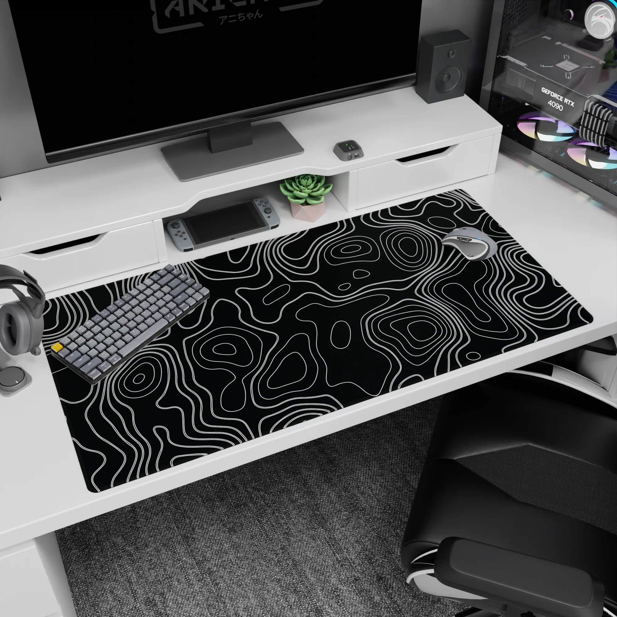 Topographic (Topo) Deskmat | Mousepad | Deskpad - Monochrome Contour Flow - AniChan