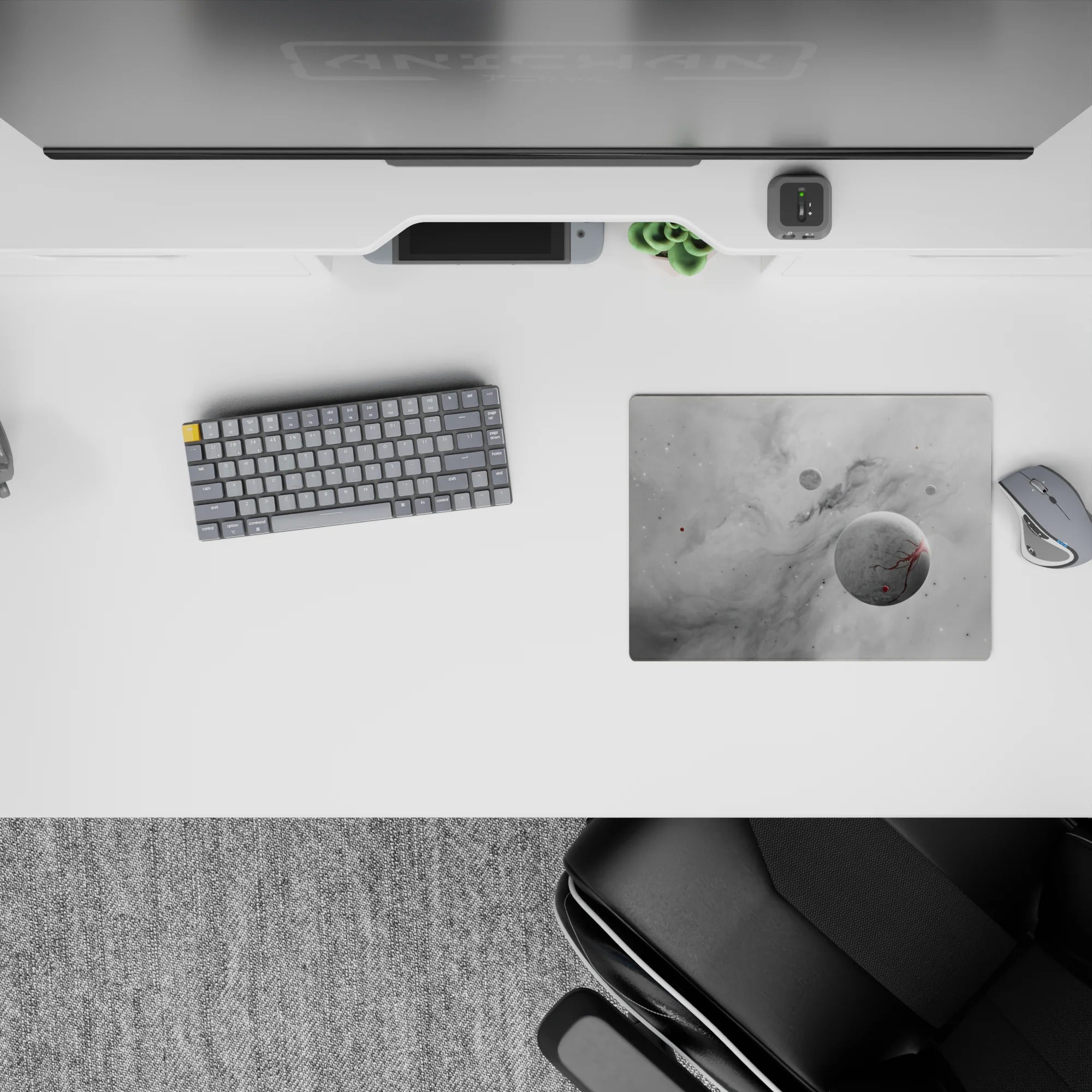 Cosmic gray mouse pad with stars and misty clouds, smooth surface, 14x10 inches for calm desk aesthetic.