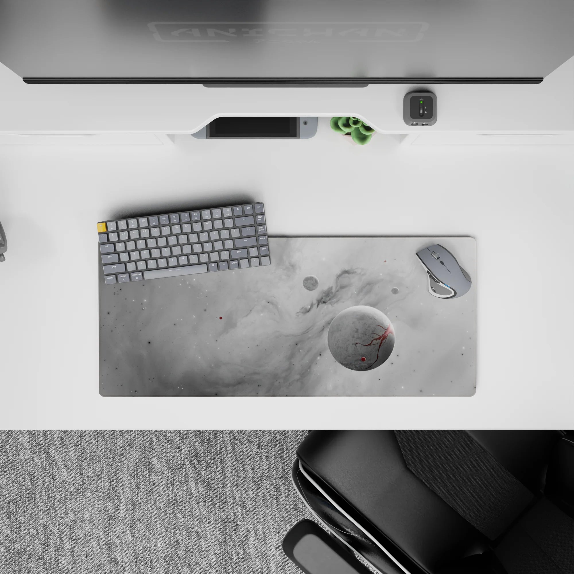 Cosmic gray desk mouse pad 28x12 inches with misty clouds, subtle stars, and calm dreamy space pattern.