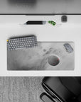 Cosmic gray desk mouse pad 28x12 inches with misty clouds, subtle stars, and calm dreamy space pattern.