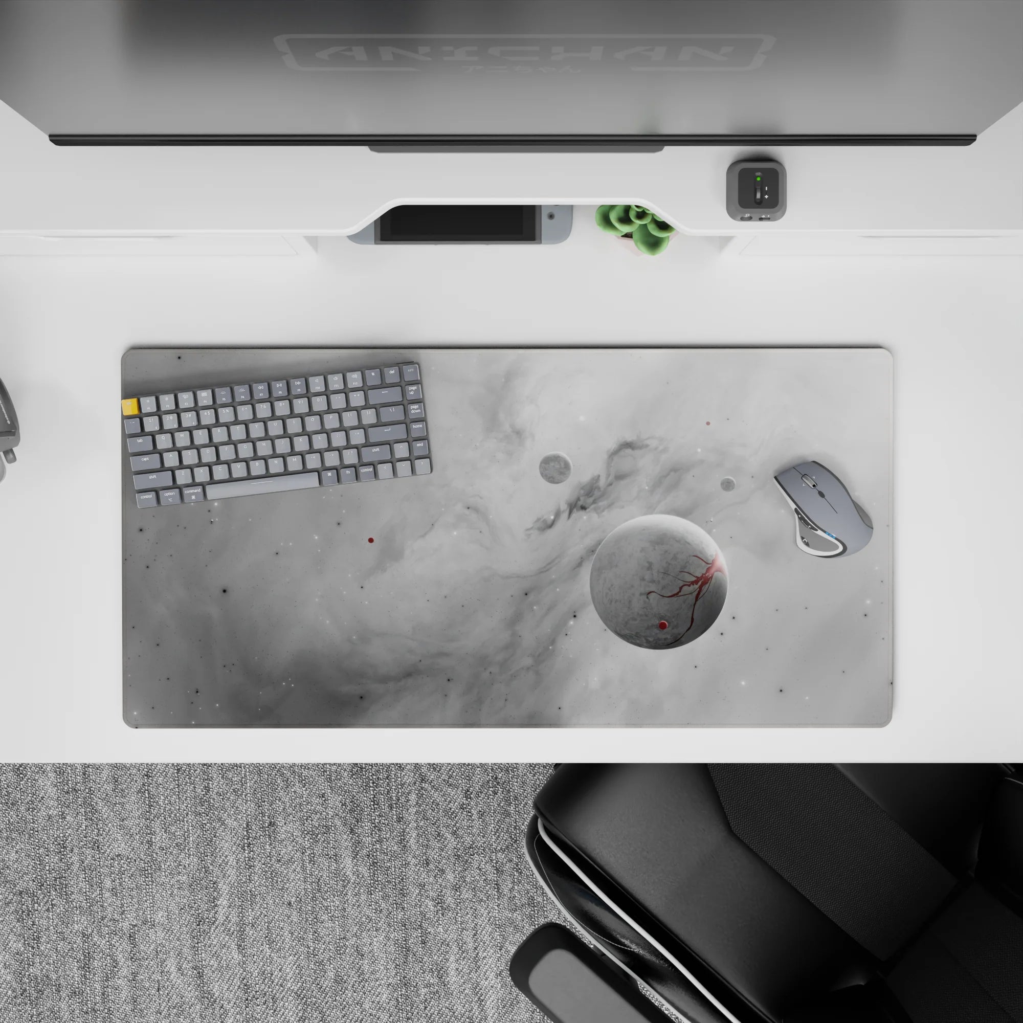 Cosmic gray desk mouse pad 32x16 inches with misty clouds, subtle stars, and soft moon accents for calm workspace.