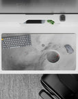 Cosmic gray desk mouse pad 32x16 inches with misty clouds, subtle stars, and soft moon accents for calm workspace.