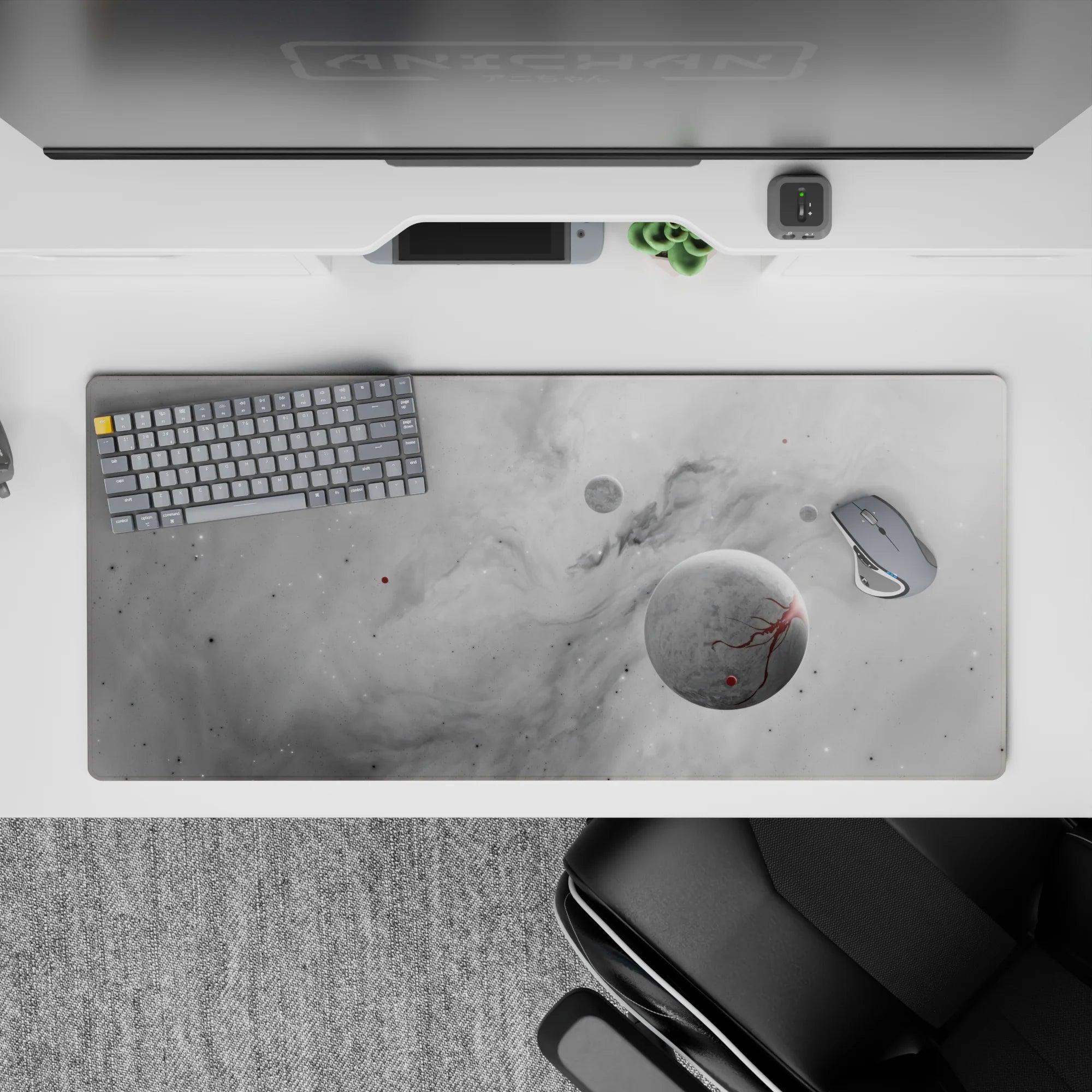 Large desk pad 36x16 inches featuring smoky gray cosmic clouds, faint stars, and soft gradient tones for calm workspace.