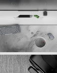 Large desk pad 36x16 inches featuring smoky gray cosmic clouds, faint stars, and soft gradient tones for calm workspace.