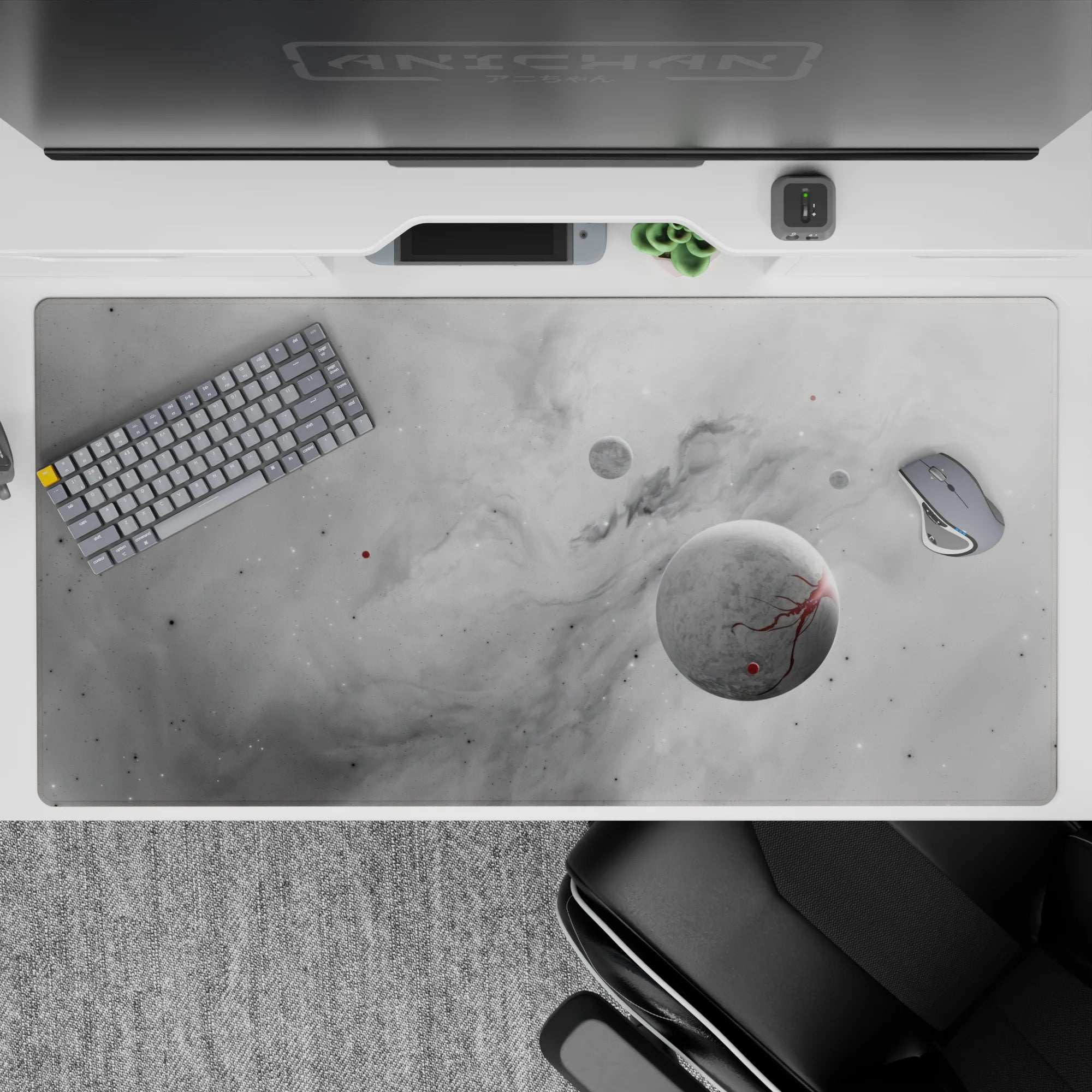 Large 40x20 inch desk pad with dreamy gray cloud and star design adding calm cosmic style to any workspace.