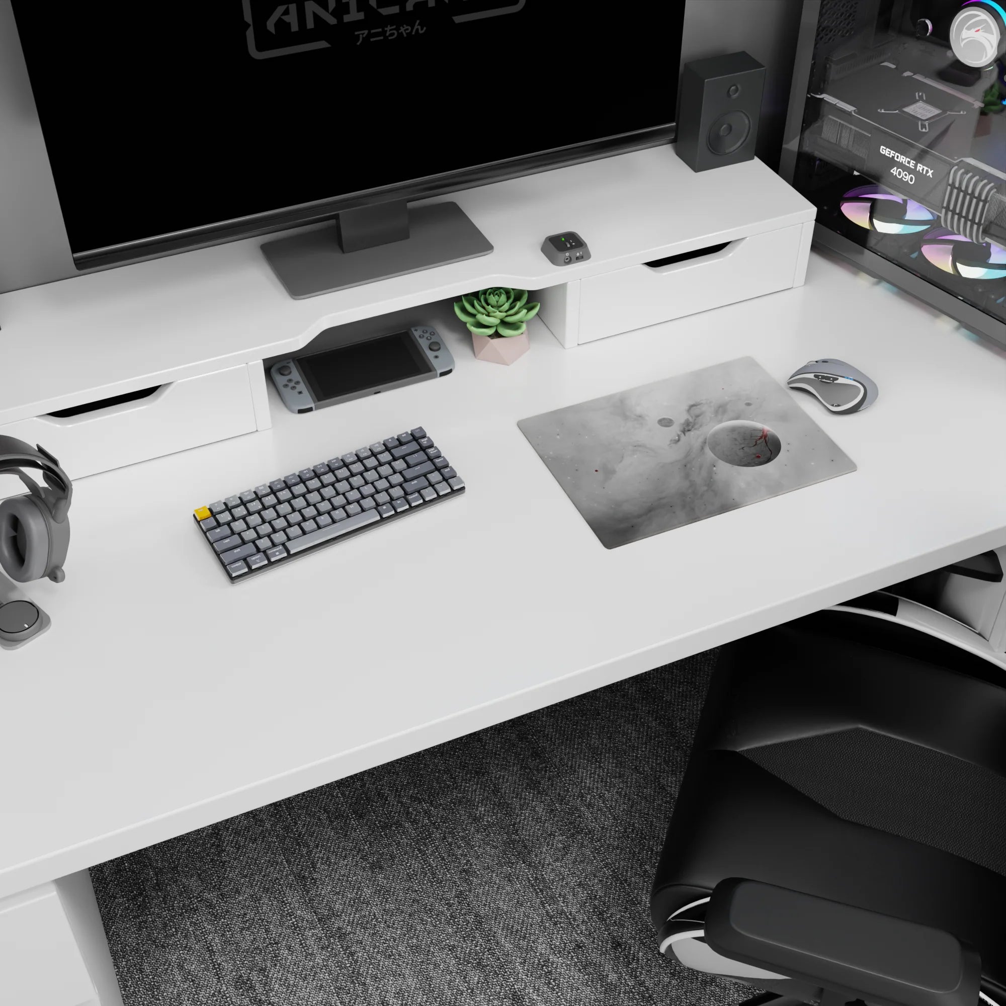 Smoky gray cosmic design mouse pad with stars and pale mist gradients, 14x10 inches size for calm workspace.