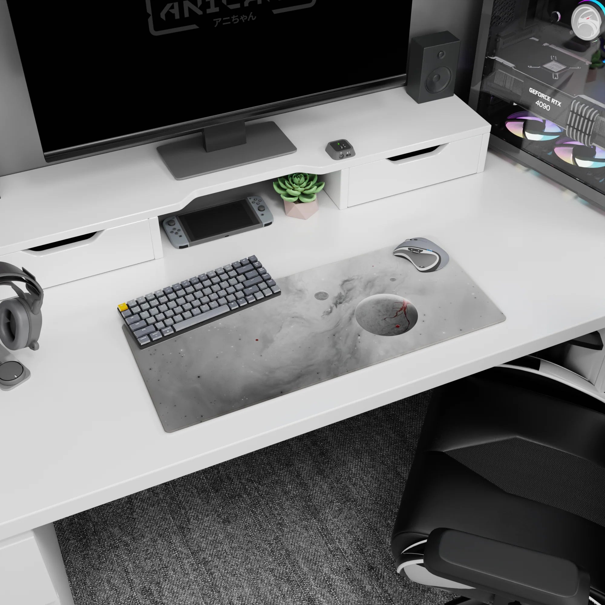 Cosmic themed desk mouse pad 28x12 inches with smoky gray clouds, misty stars, and subtle red details.