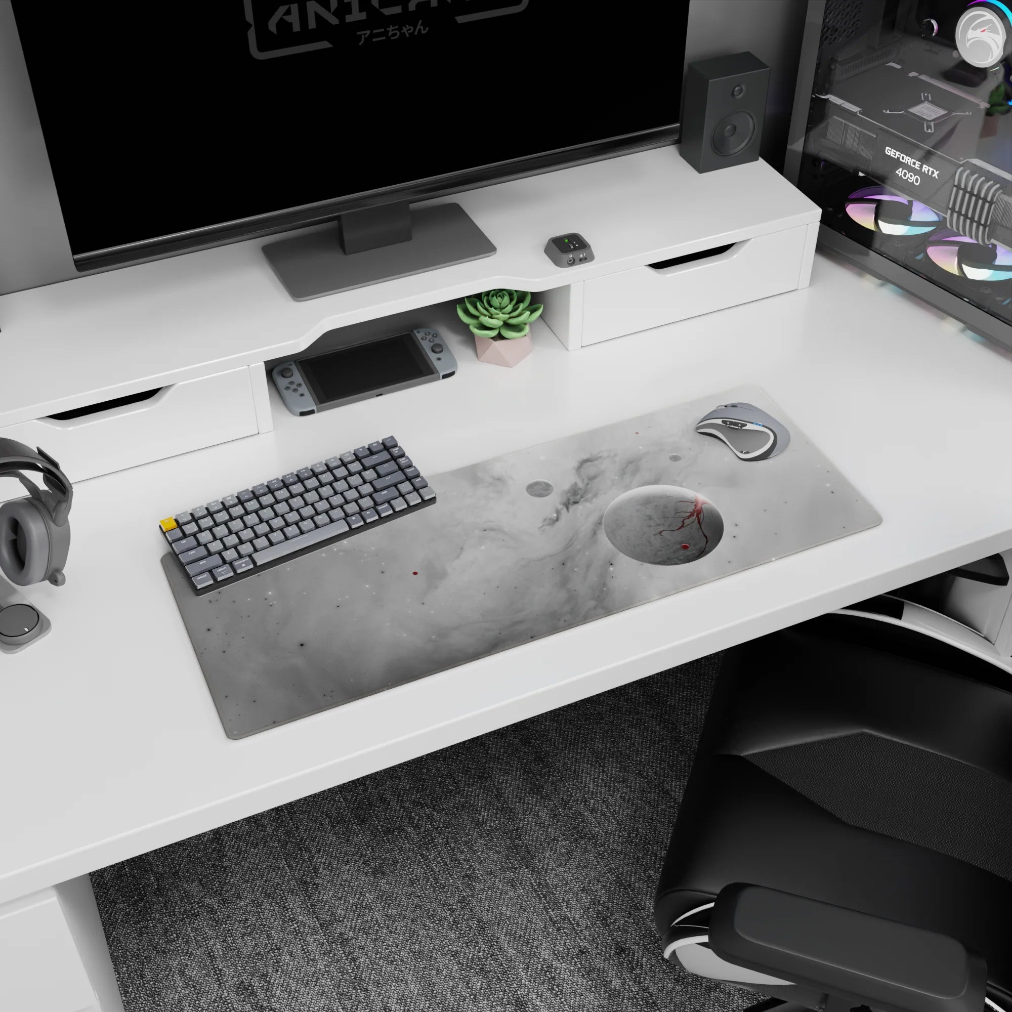 Large 32x12 inch desk mouse pad featuring dreamy gray cloud patterns with subtle stars and red accents.