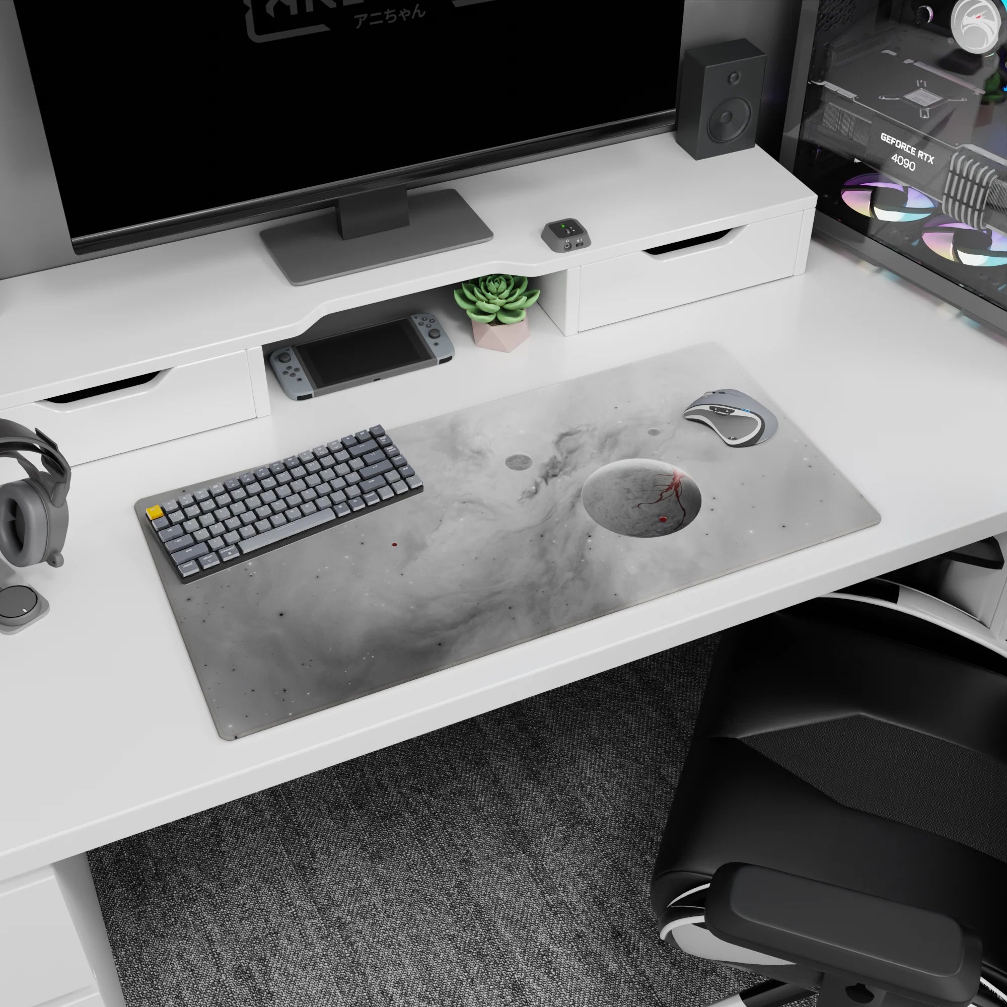 Large 32x16 inch desk mouse pad with smoky gray cloud design, faint stars, and soft planetary details.