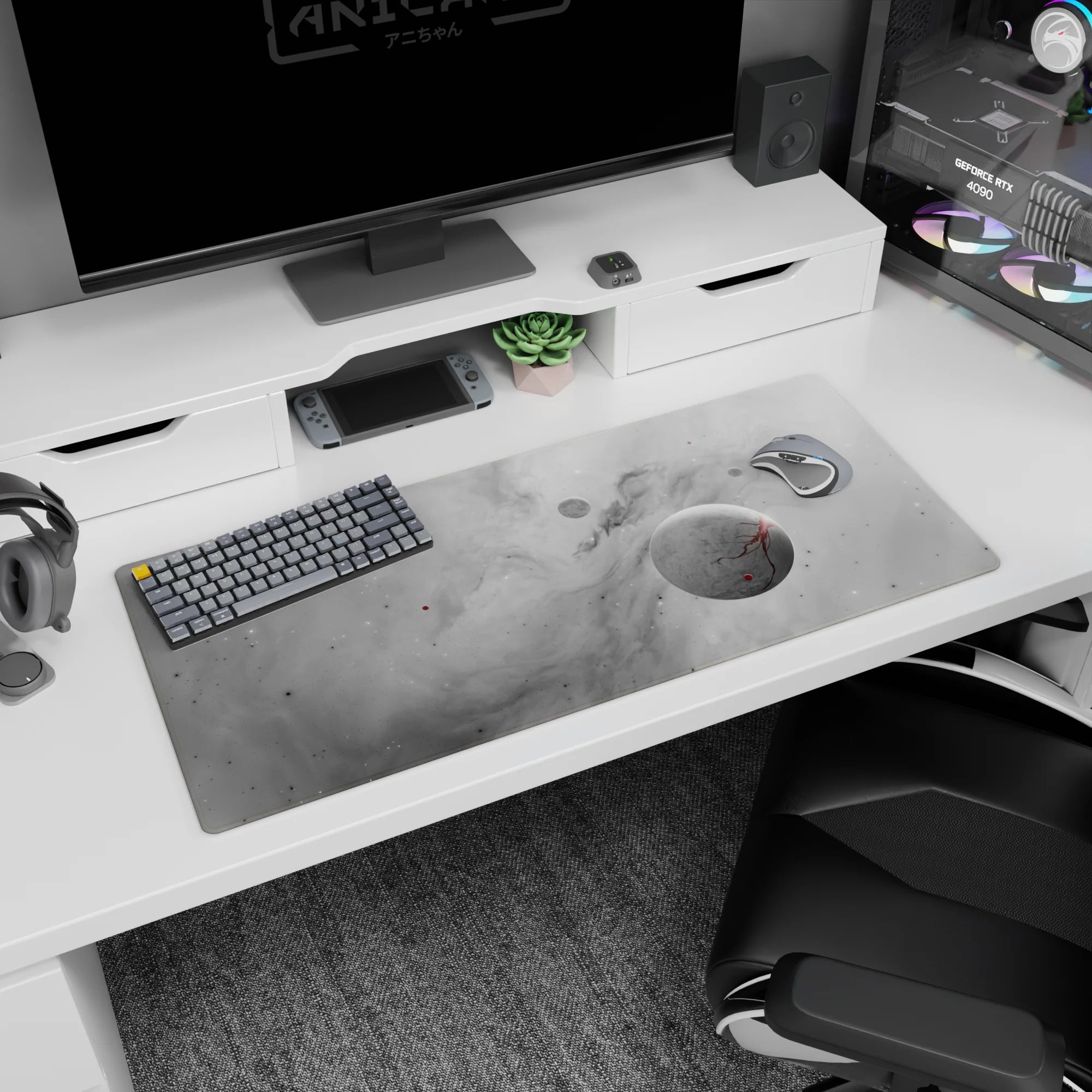 Smoky gray cosmic desk pad 36x16 inches with soft star patterns, misty gradients, and subtle red accents.