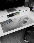Smoky gray cosmic desk pad 36x16 inches with soft star patterns, misty gradients, and subtle red accents.